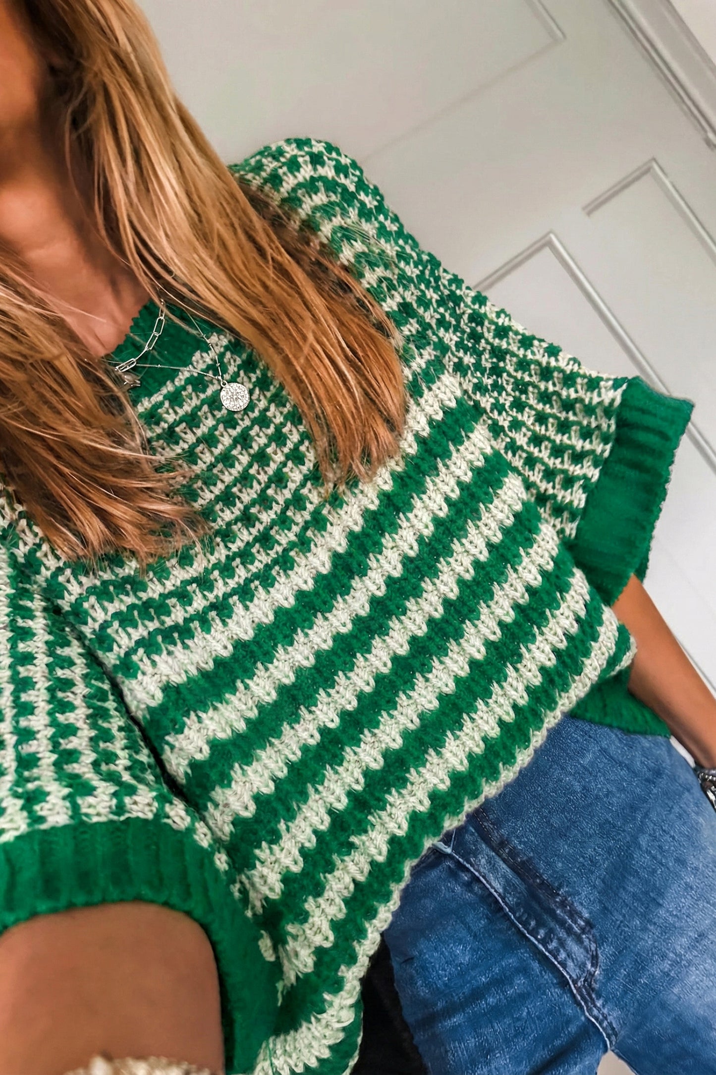 Green Stripe 3/4 Draped Sleeve Slouchy Sweater-TOPS / DRESSES-[Adult]-[Female]-2022 Online Blue Zone Planet
