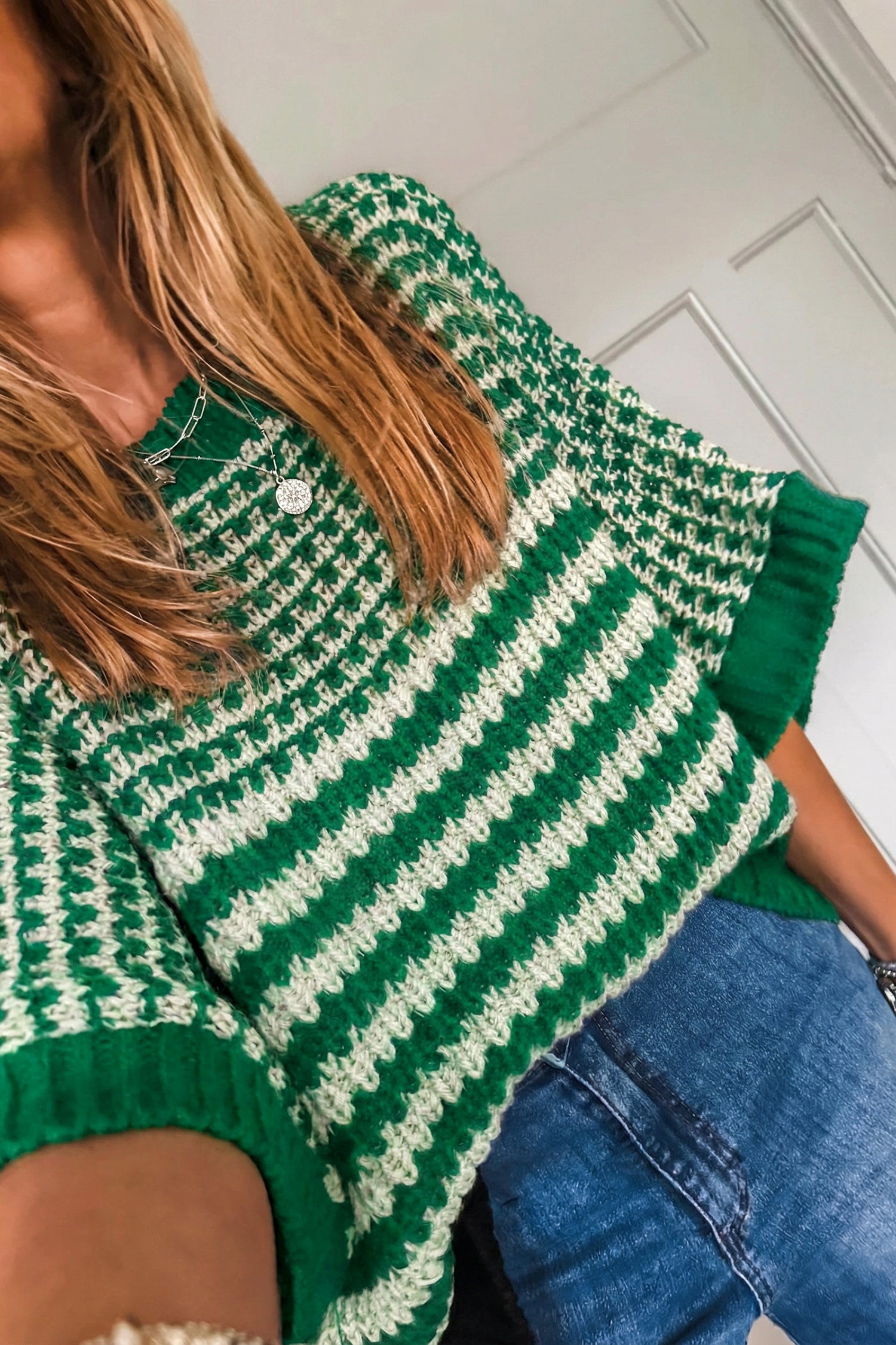 Green Stripe 3/4 Draped Sleeve Slouchy Sweater-TOPS / DRESSES-[Adult]-[Female]-2022 Online Blue Zone Planet