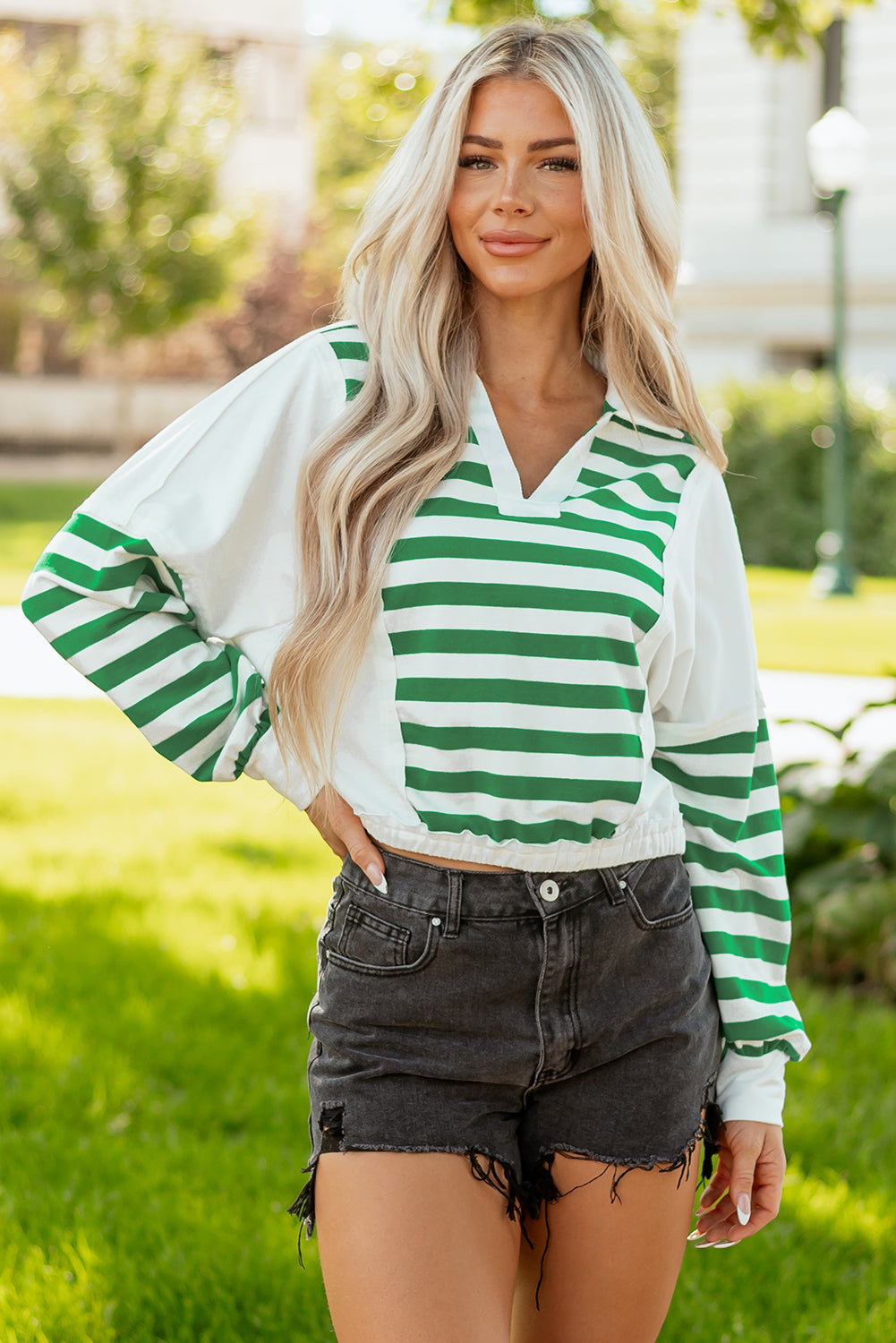 Green Stripe Colorblock Collared V Neck Cropped Knit Pullover-Tops/Long Sleeve Tops-[Adult]-[Female]-2022 Online Blue Zone Planet