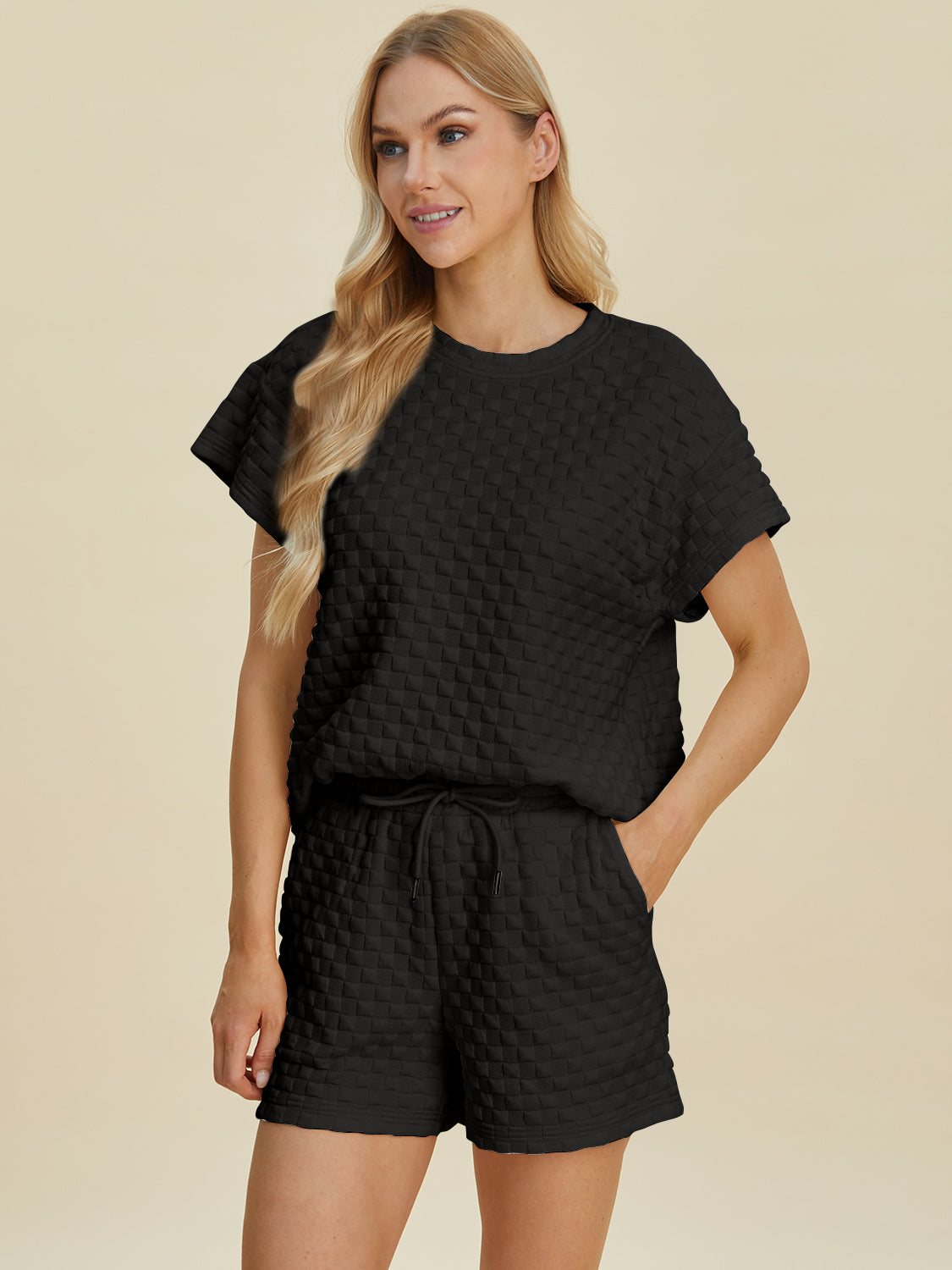 Double Take Full Size Texture T-Shirt and Shorts Set-TOPS / DRESSES-[Adult]-[Female]-Black-S-2022 Online Blue Zone Planet