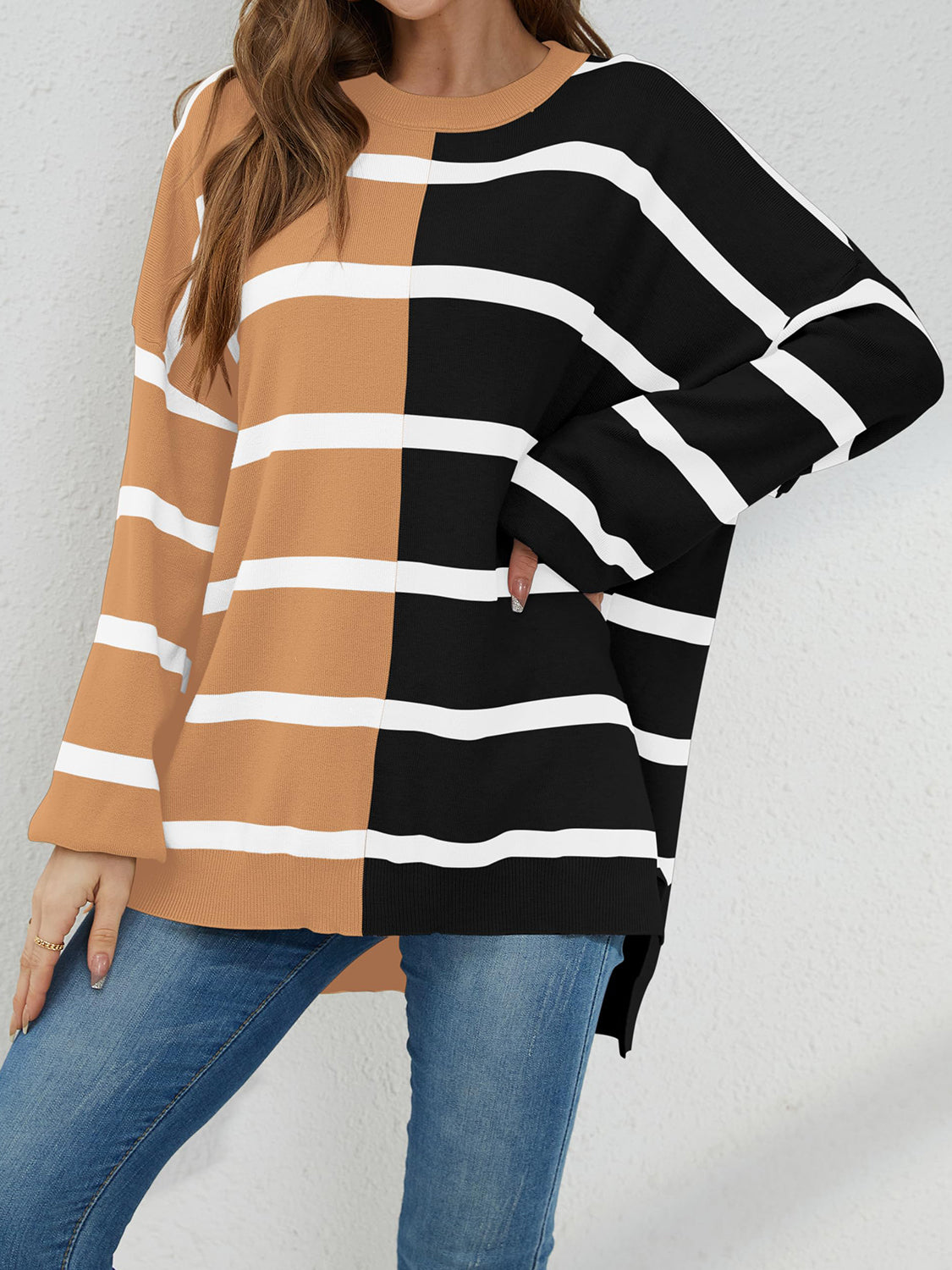 Striped Round Neck Long Sleeve Sweater-TOPS / DRESSES-[Adult]-[Female]-Caramel-S-2022 Online Blue Zone Planet