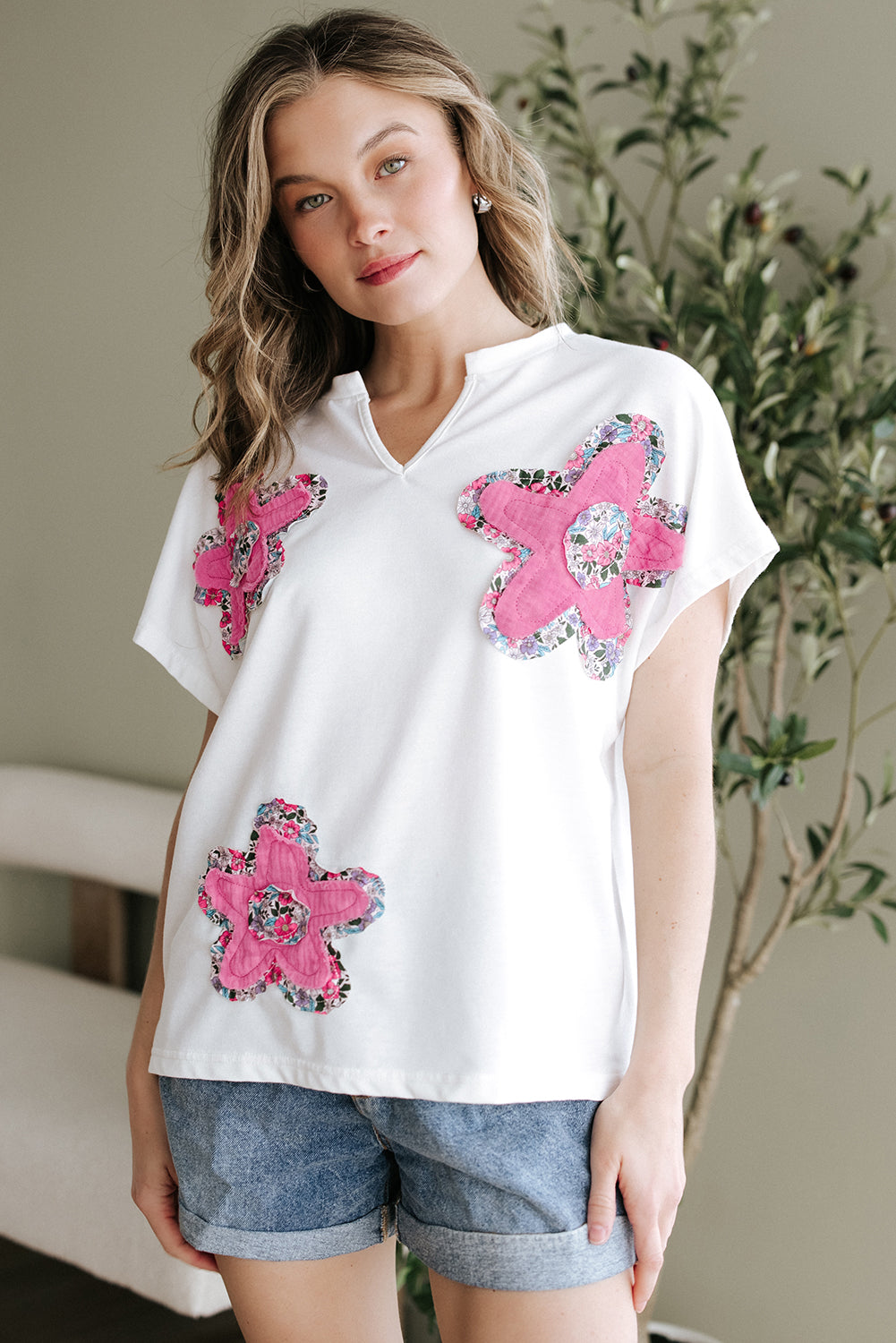 White Floral Applique Notched V Neck Dolman Sleeve Top-Tops/Tops & Tees-[Adult]-[Female]-2022 Online Blue Zone Planet