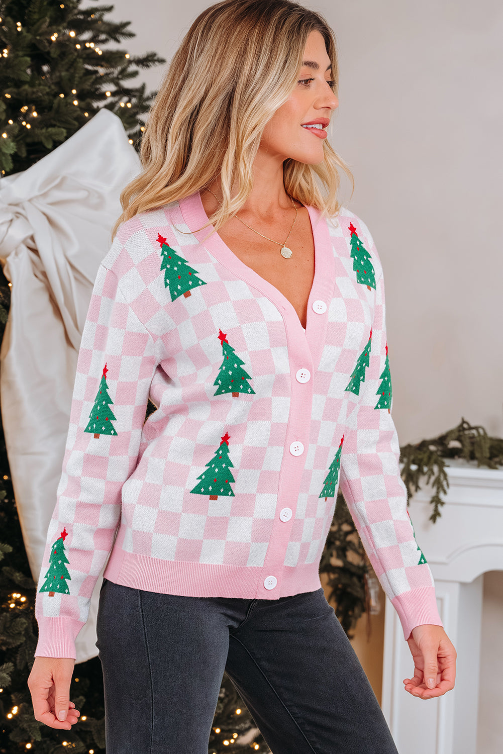 Pink Checkered Christmas Tree Pattern Button V Neck Cardigan Sweater-TOPS / DRESSES-[Adult]-[Female]-2022 Online Blue Zone Planet