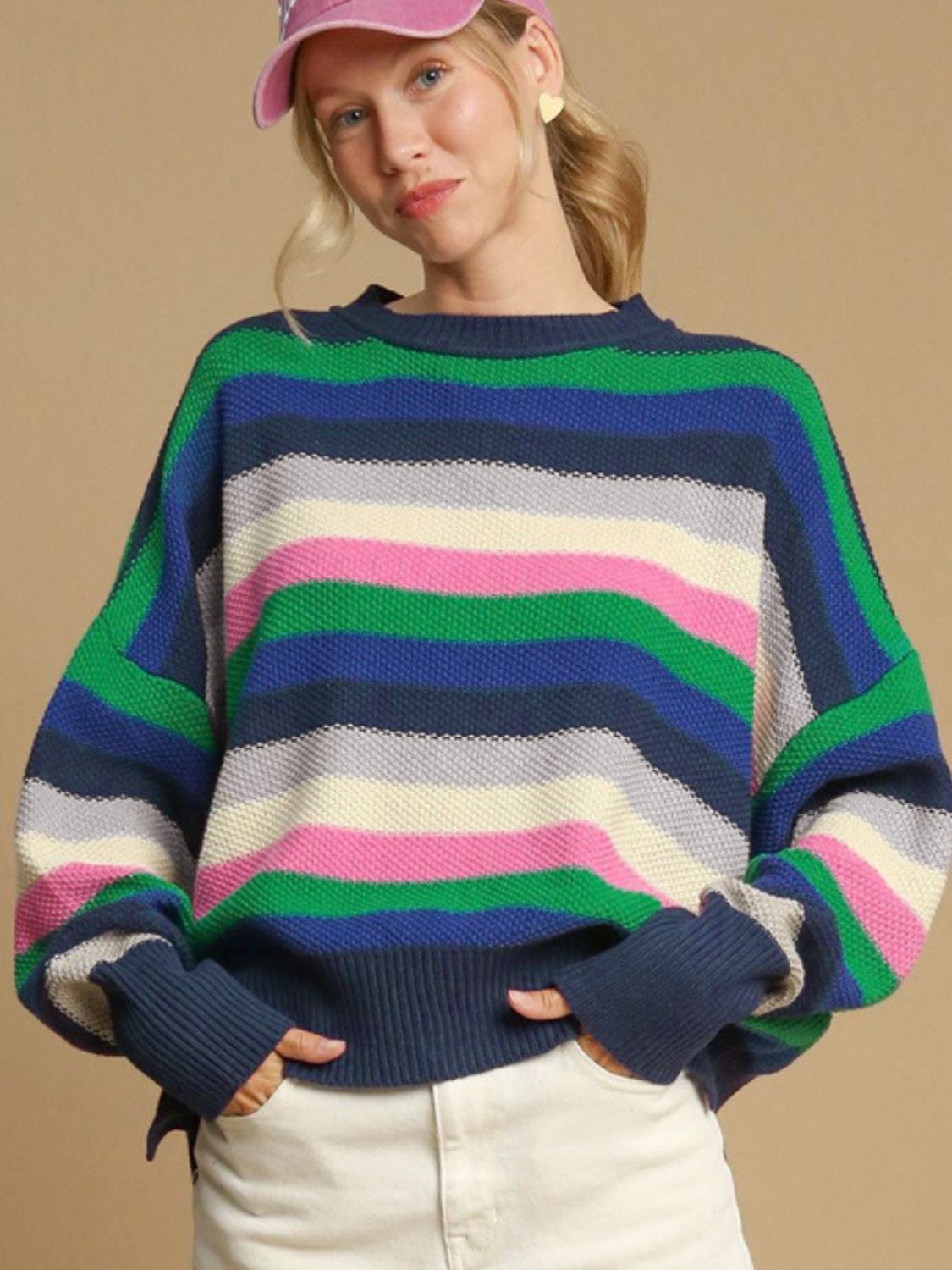 Blue Zone Planet | Contrast Striped Round Neck Long Sleeve Sweater-TOPS / DRESSES-[Adult]-[Female]-2022 Online Blue Zone Planet