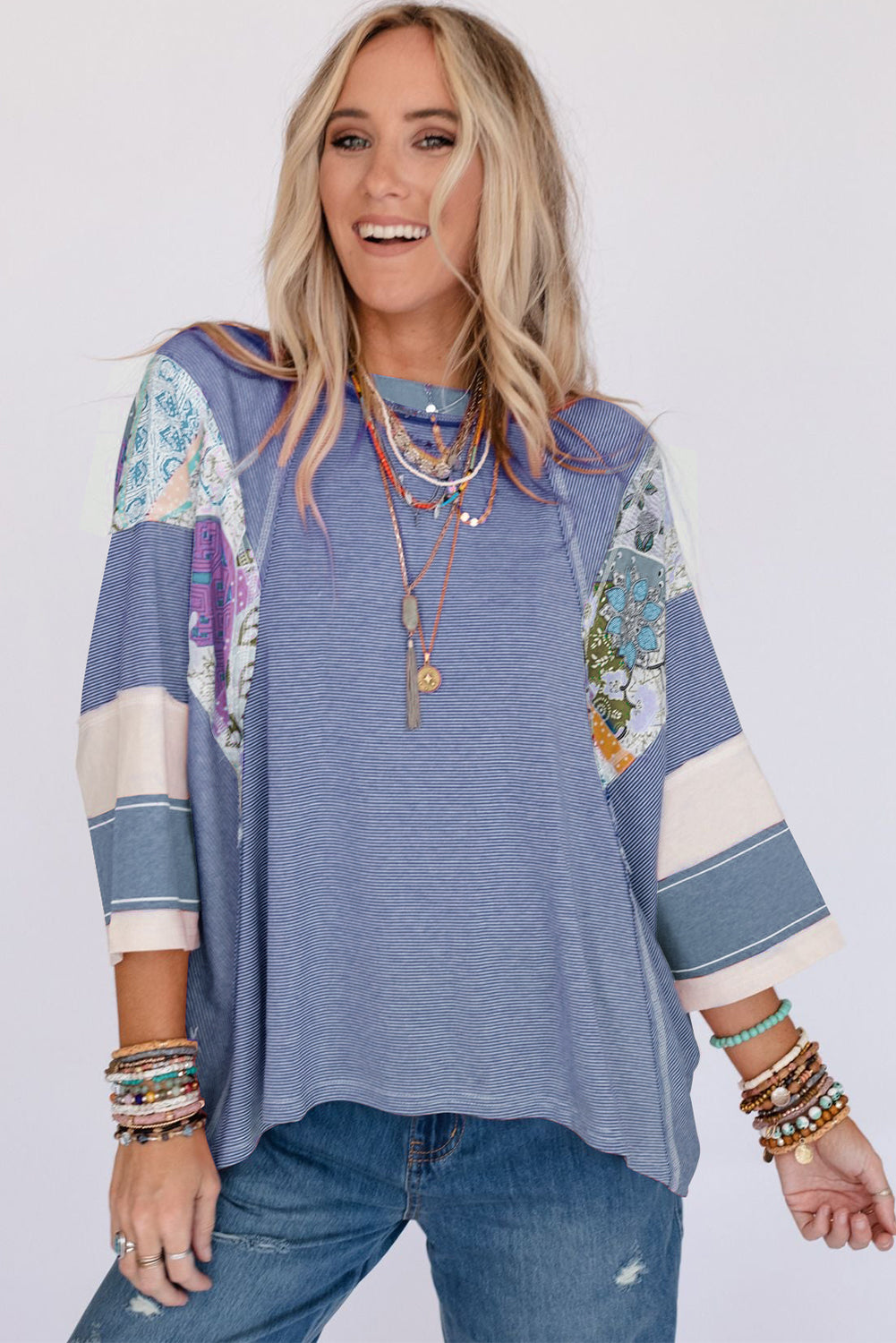 Striped Floral Patchwork Round Neck Top-TOPS / DRESSES-[Adult]-[Female]-2022 Online Blue Zone Planet