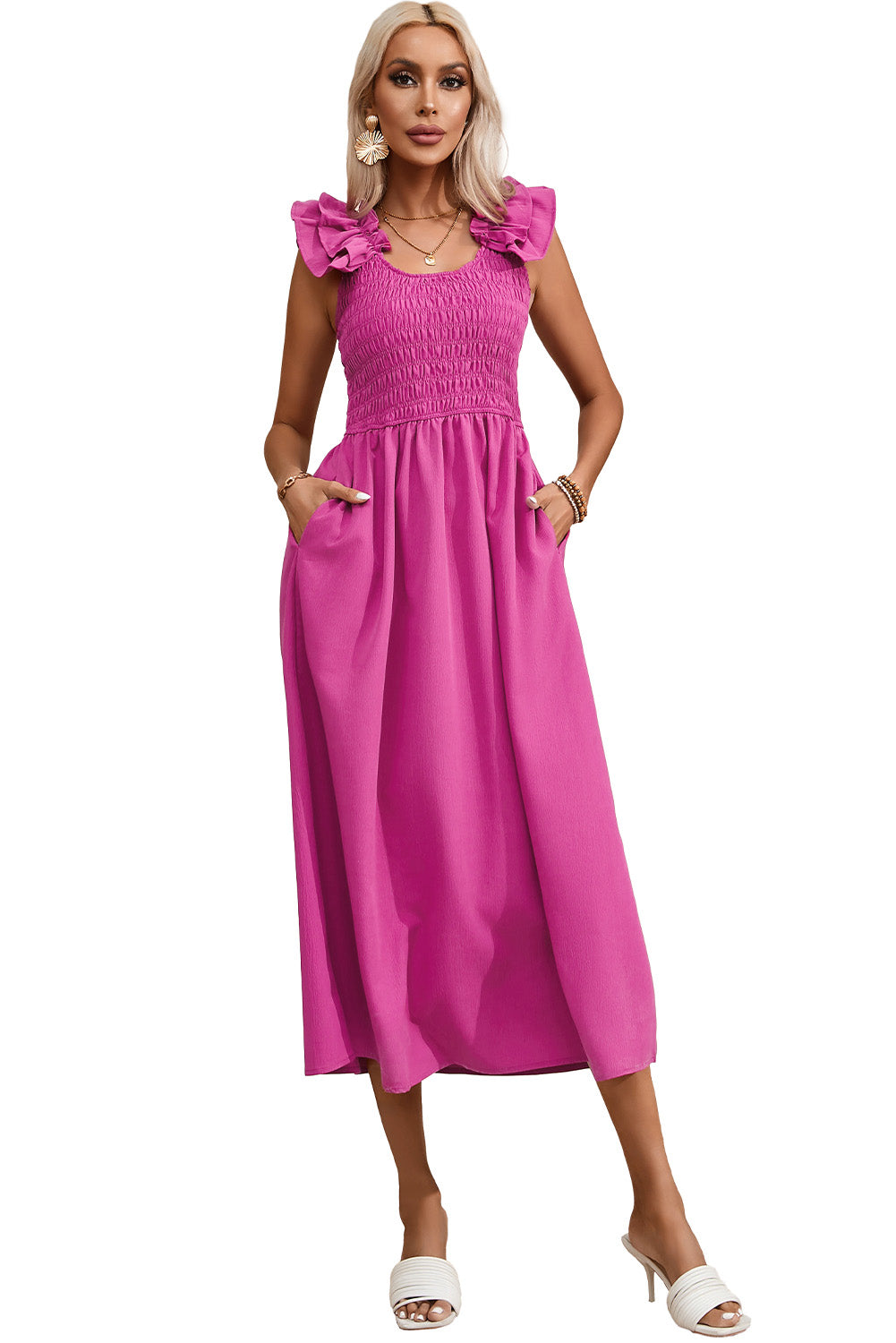 Rose Red Solid Color Ruffled Straps Smocked Ruched Maxi Dress-Dresses/Maxi Dresses-[Adult]-[Female]-2022 Online Blue Zone Planet