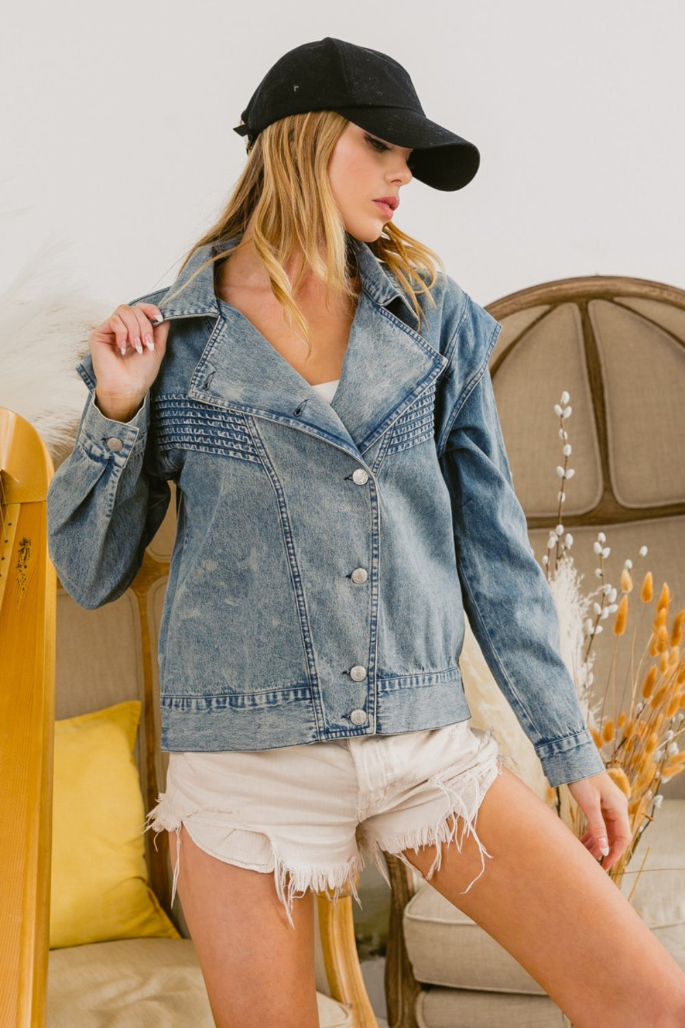 BiBi Button Up Long Sleeve Denim Jacket-TOPS / DRESSES-[Adult]-[Female]-2022 Online Blue Zone Planet