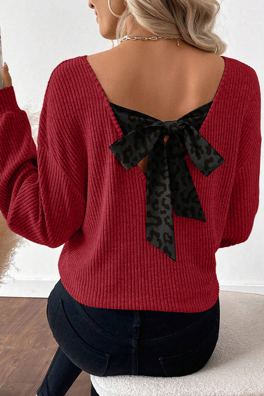 Racing Red Ribbed V Neck Contrast Ribbon Bow Back Drop Shoulder Long Sleeve Top-Tops/Blouses & Shirts-[Adult]-[Female]-2022 Online Blue Zone Planet