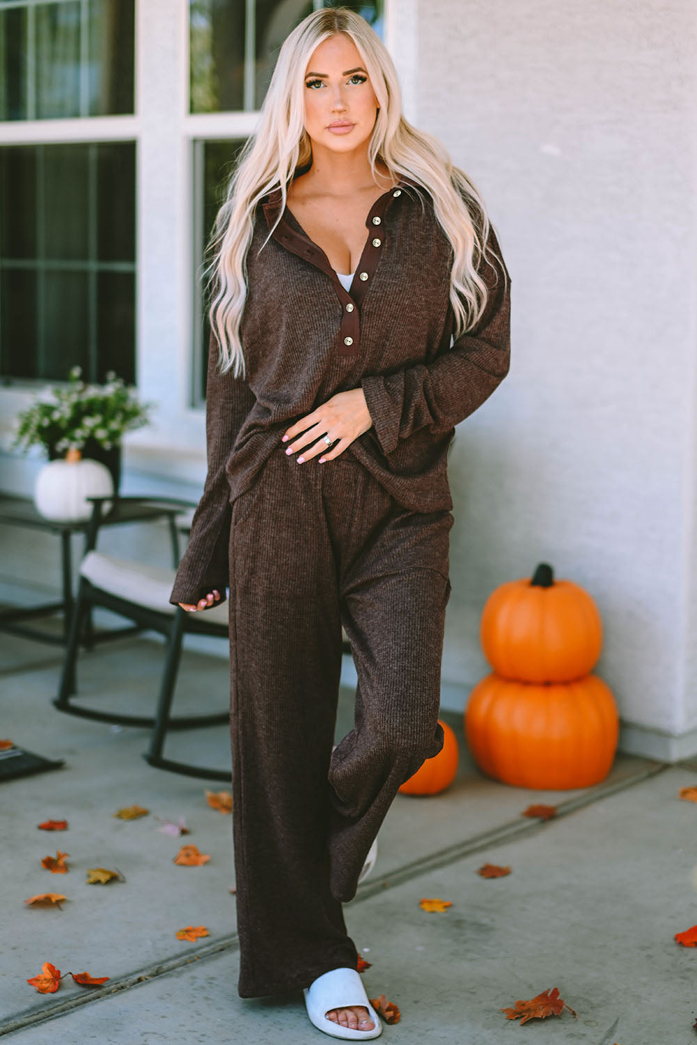 Brown Ribbed Knit Collared Henley Top and Pants Lounge Outfit-Loungewear & Sleepwear/Loungewear-[Adult]-[Female]-2022 Online Blue Zone Planet