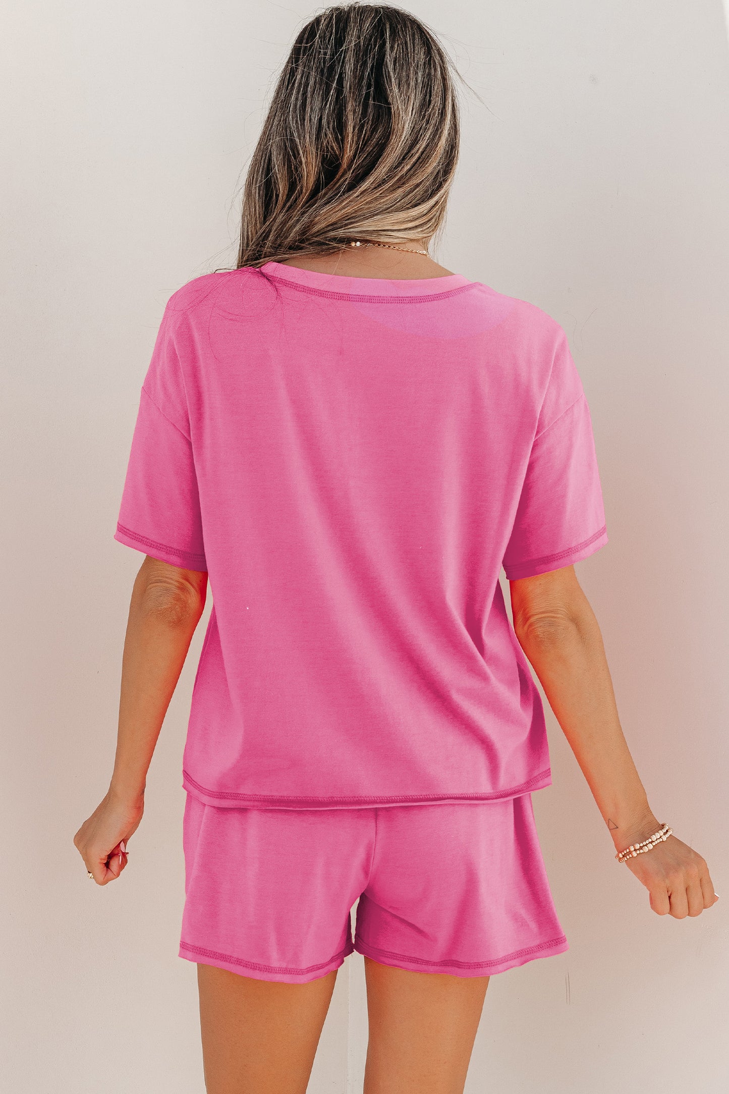 Bright Pink Seam Detail Raw Edge Tee Rainbow Waistband Casual Short Set-Two Piece Sets/Short Sets-[Adult]-[Female]-2022 Online Blue Zone Planet