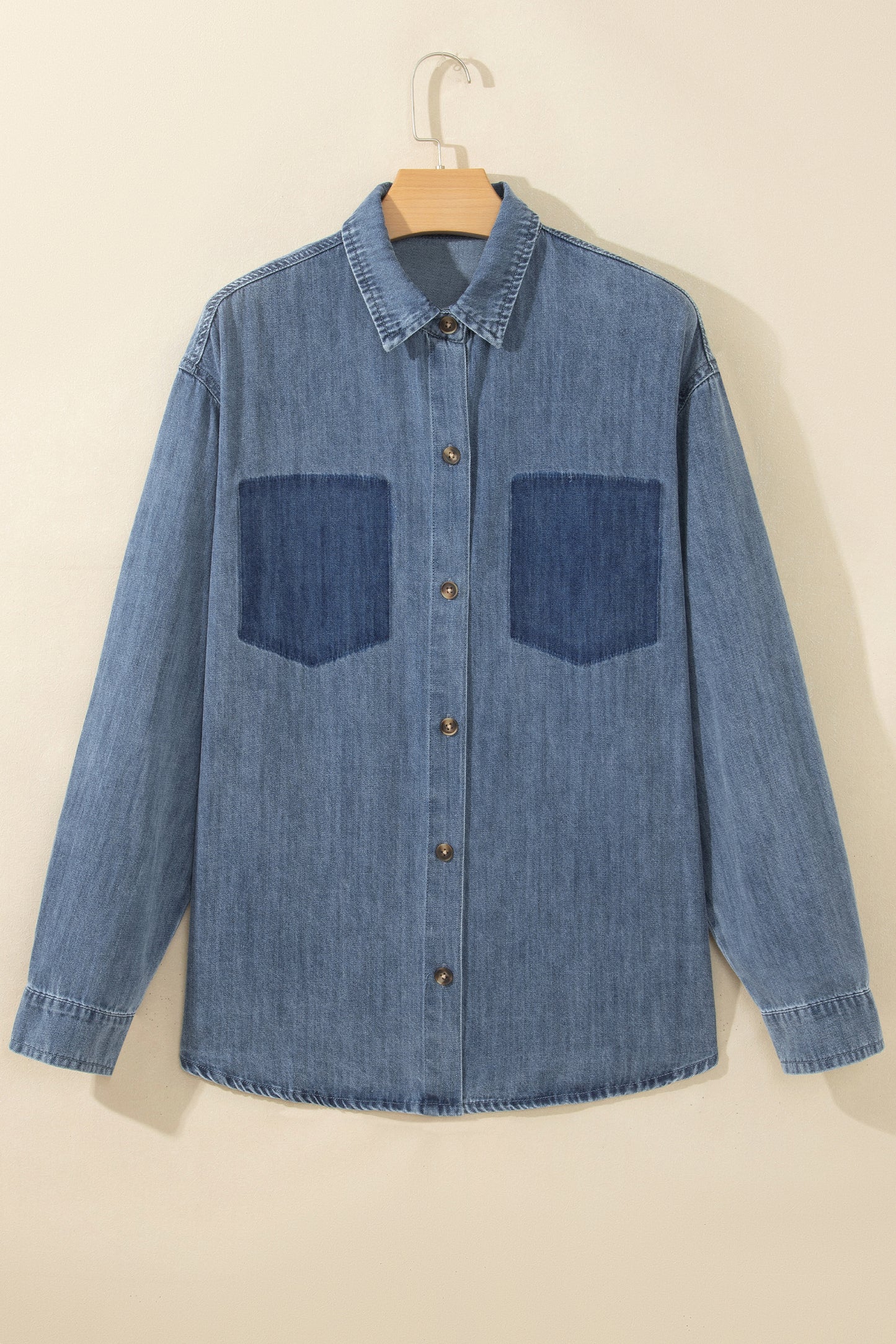 Sky Blue Color Block Pocket Detail Casual Button Down Denim Shirt-Tops/Blouses & Shirts-[Adult]-[Female]-2022 Online Blue Zone Planet