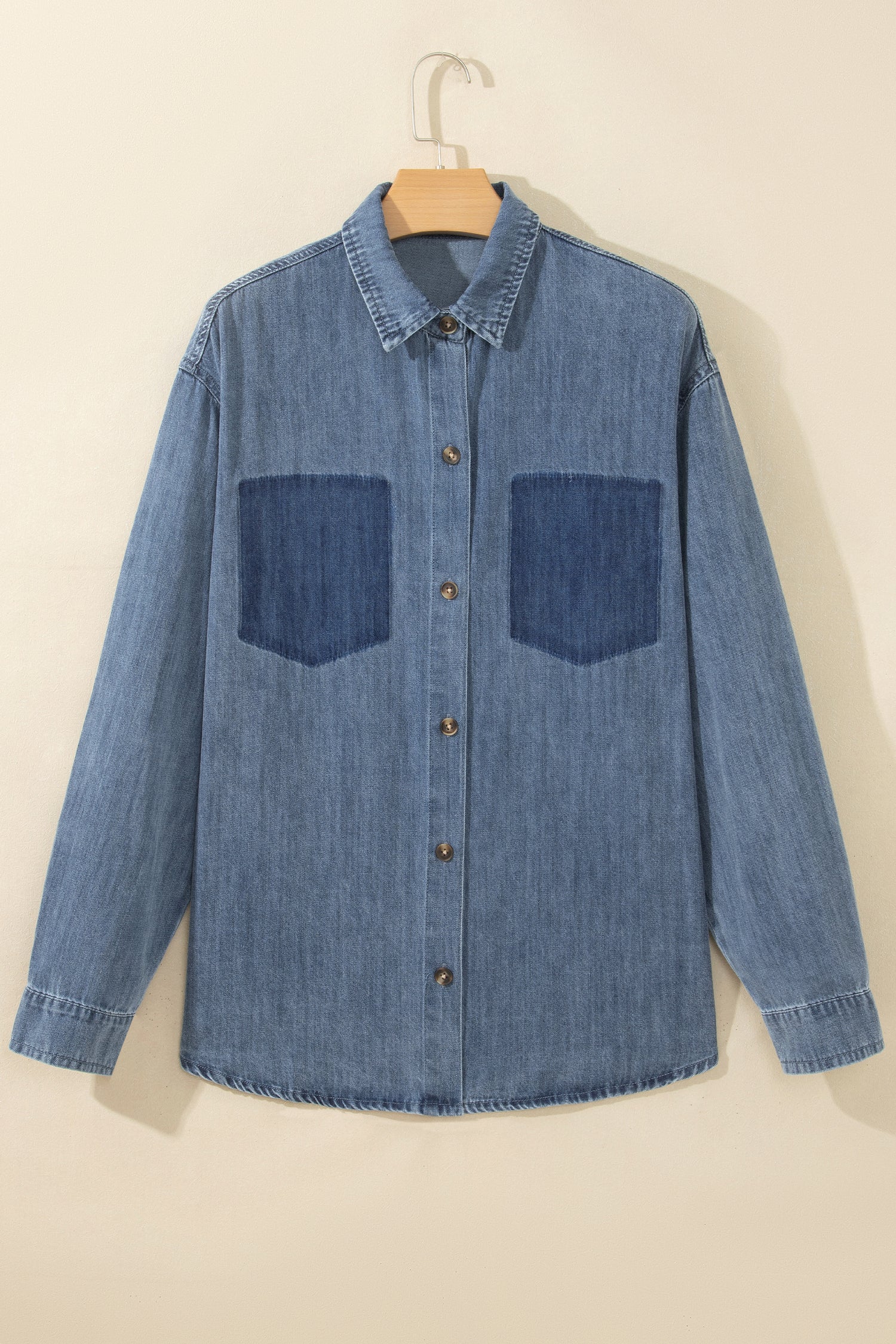Sky Blue Color Block Pocket Detail Casual Button Down Denim Shirt-Tops/Blouses & Shirts-[Adult]-[Female]-2022 Online Blue Zone Planet