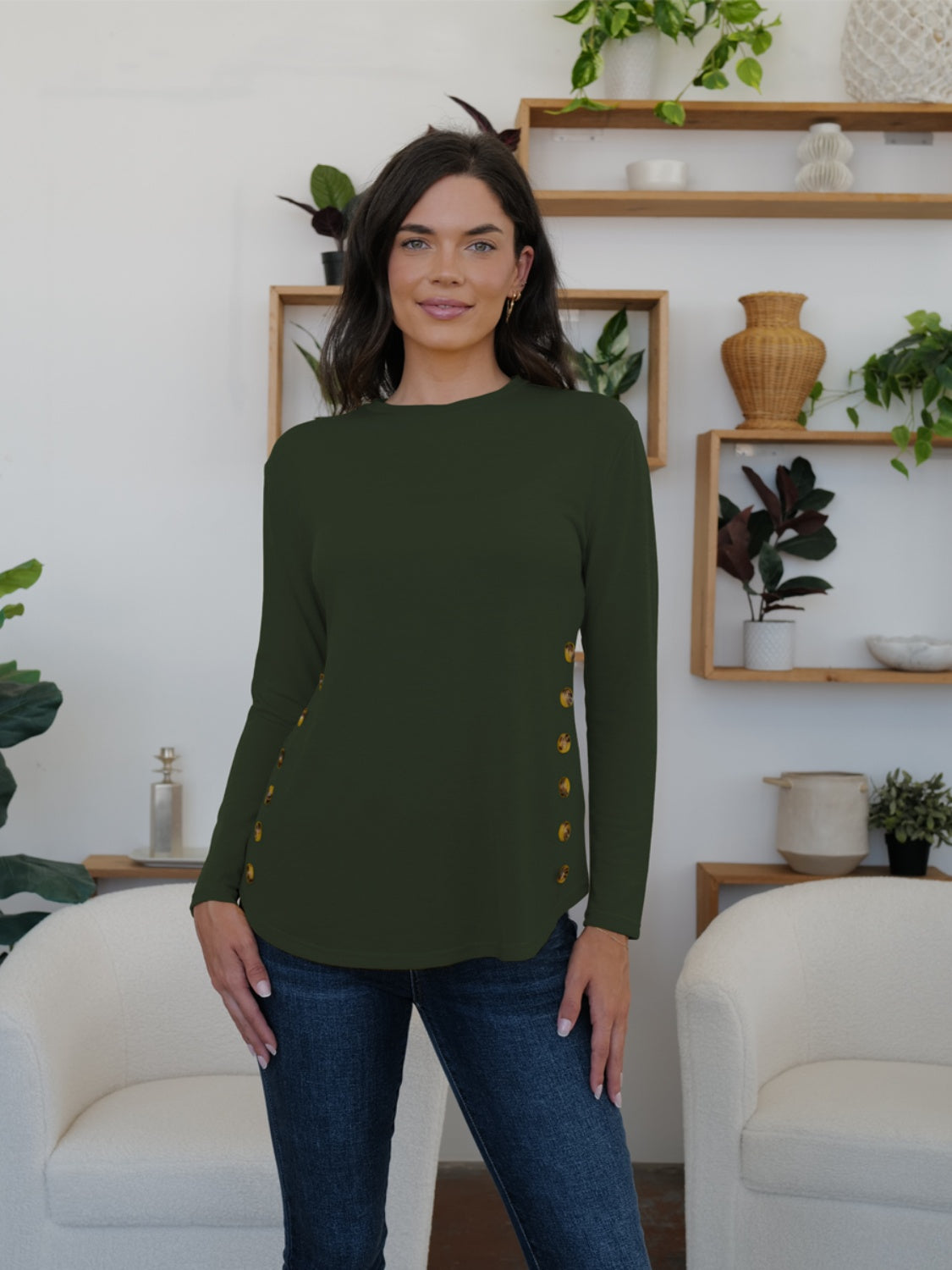 Round Neck Long Sleeve T-Shirt-TOPS / DRESSES-[Adult]-[Female]-Army Green-S-2022 Online Blue Zone Planet