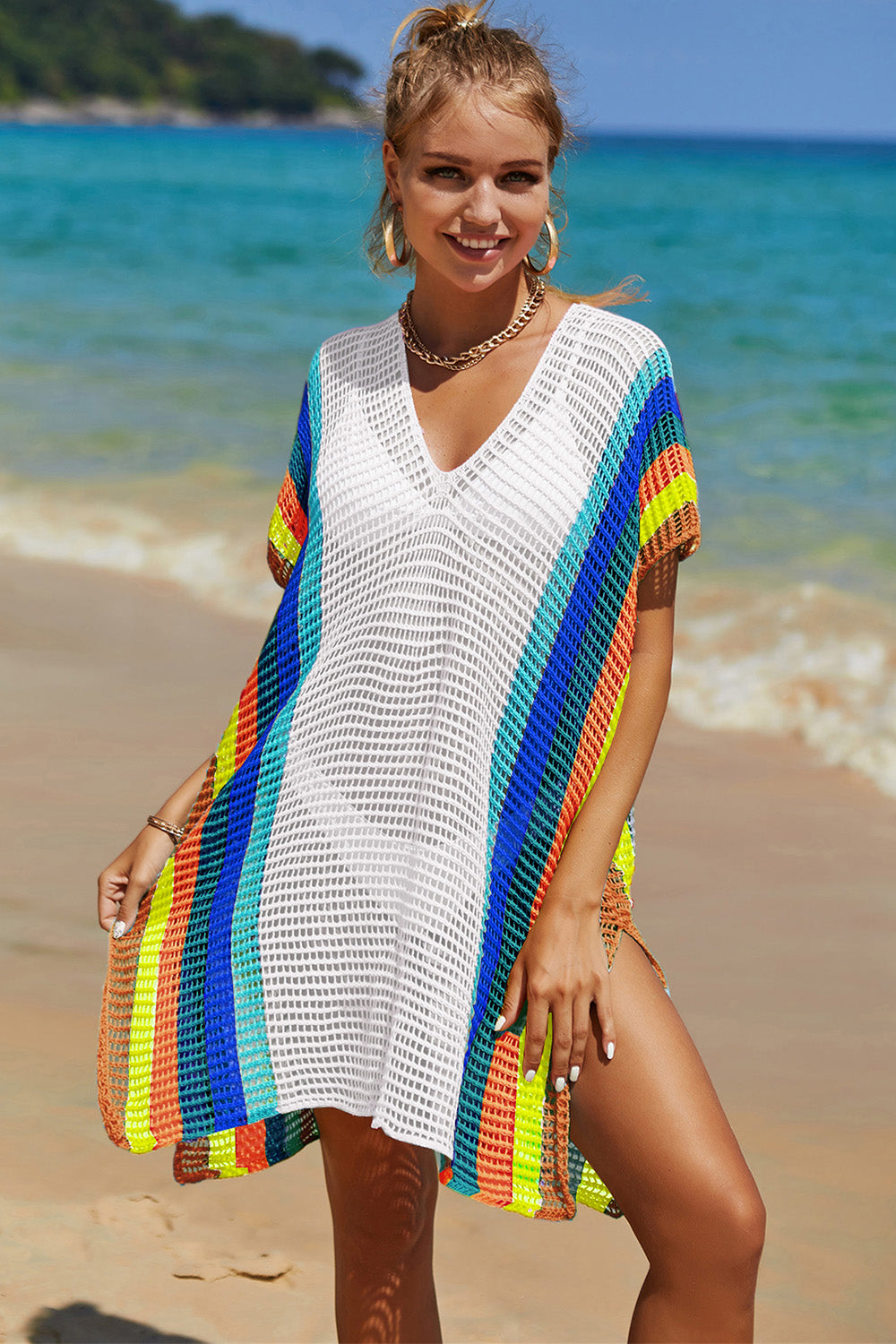 Blue Zone Planet | Angel Wings Openwork Striped Slit Knit Cover Up-TOPS / DRESSES-[Adult]-[Female]-2022 Online Blue Zone Planet