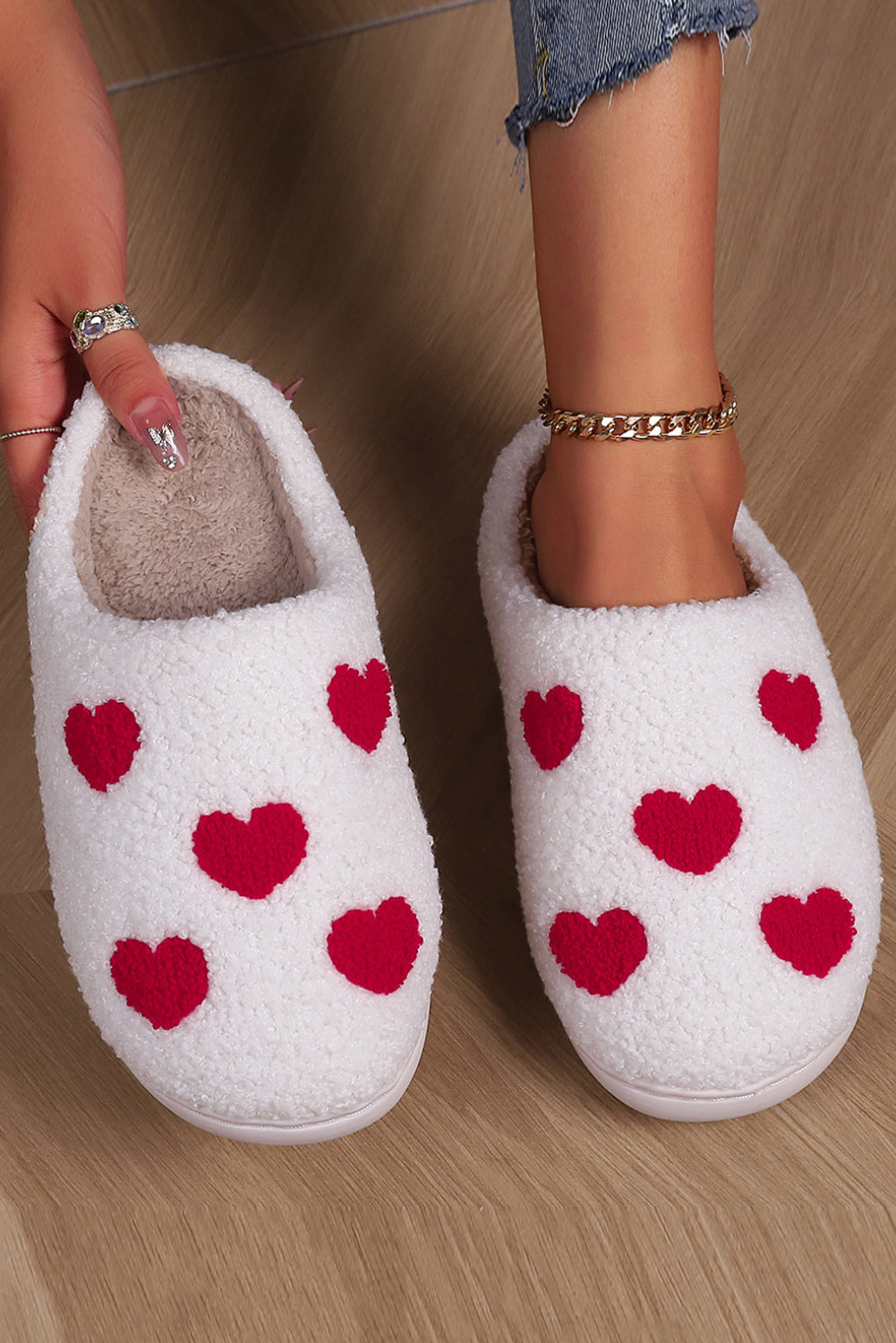 White Valentines Day Hearts Print Plush House Slippers-Shoes & Bags/Slippers-[Adult]-[Female]-White-36-2022 Online Blue Zone Planet