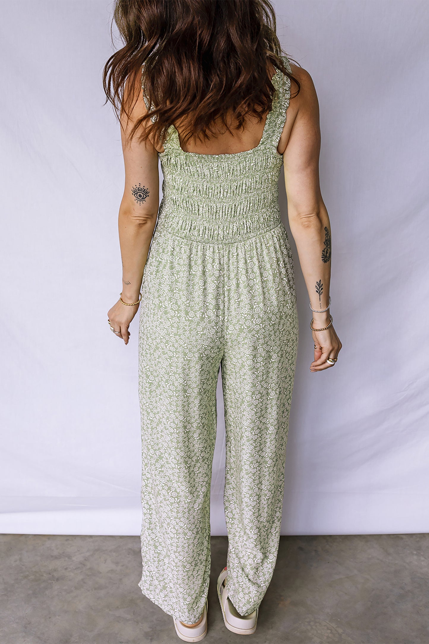 Green Smocked Bodice Square Neck Sleeveless Floral Jumpsuit-Bottoms/Jumpsuits & Rompers-[Adult]-[Female]-2022 Online Blue Zone Planet