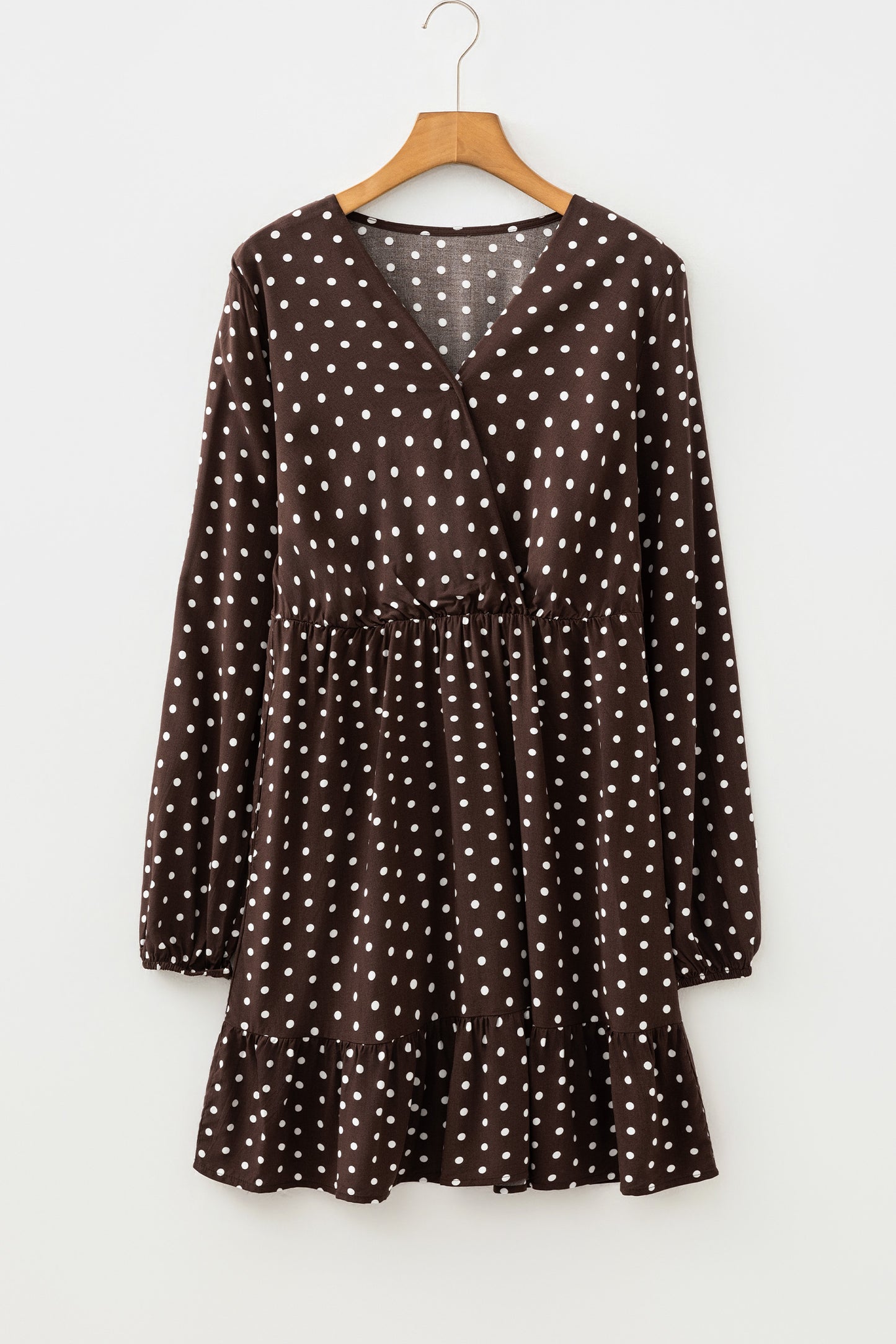 Chicory Coffee Polka Dot Long Sleeve Wrap V Neck Ruffle Hem Mini Dress-TOPS / DRESSES-[Adult]-[Female]-2022 Online Blue Zone Planet
