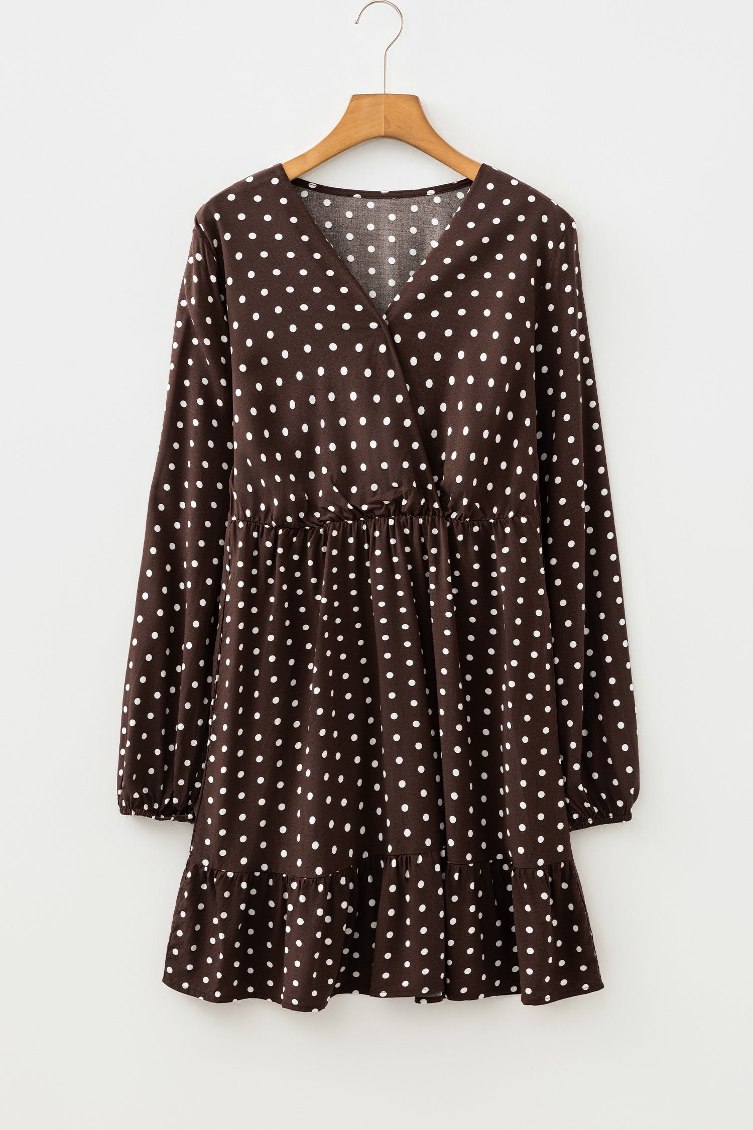 Chicory Coffee Polka Dot Long Sleeve Wrap V Neck Ruffle Hem Mini Dress-TOPS / DRESSES-[Adult]-[Female]-2022 Online Blue Zone Planet