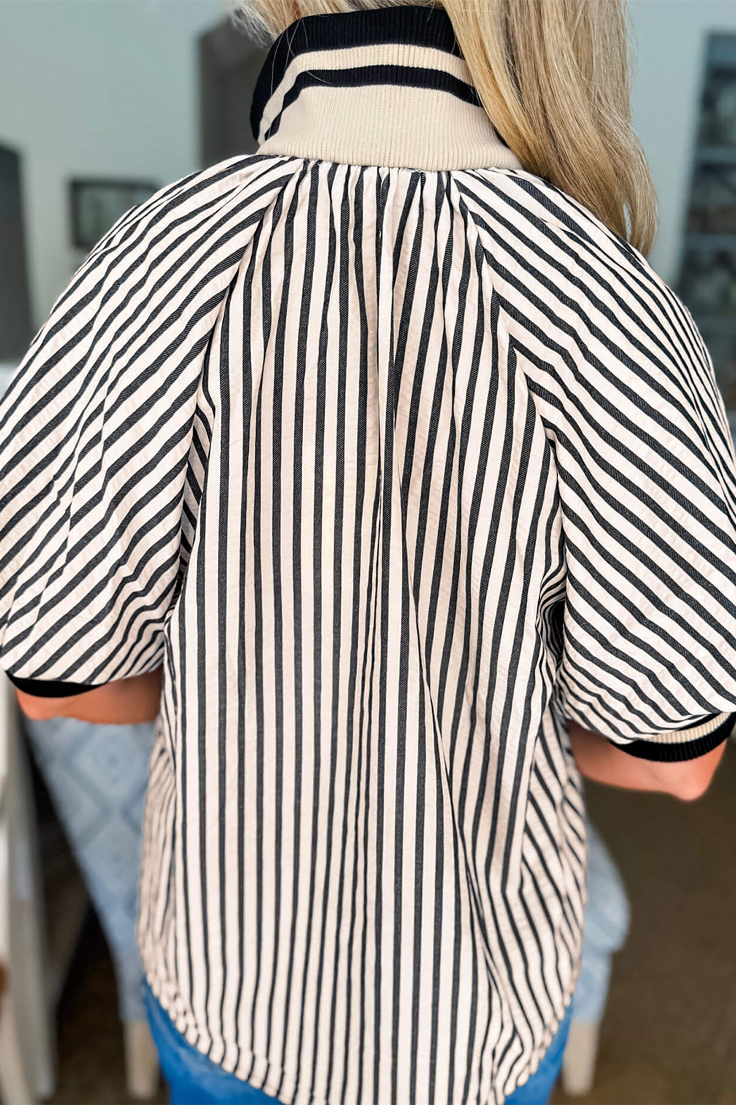 Black Stripe Polo Collar Half Zip Short Puff Sleeve Blouse-Tops/Blouses & Shirts-[Adult]-[Female]-2022 Online Blue Zone Planet