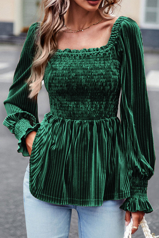 Blackish Green Smocked Ribbed Velvet Babydoll Top-Tops/Blouses & Shirts-[Adult]-[Female]-Blackish Green-S-2022 Online Blue Zone Planet
