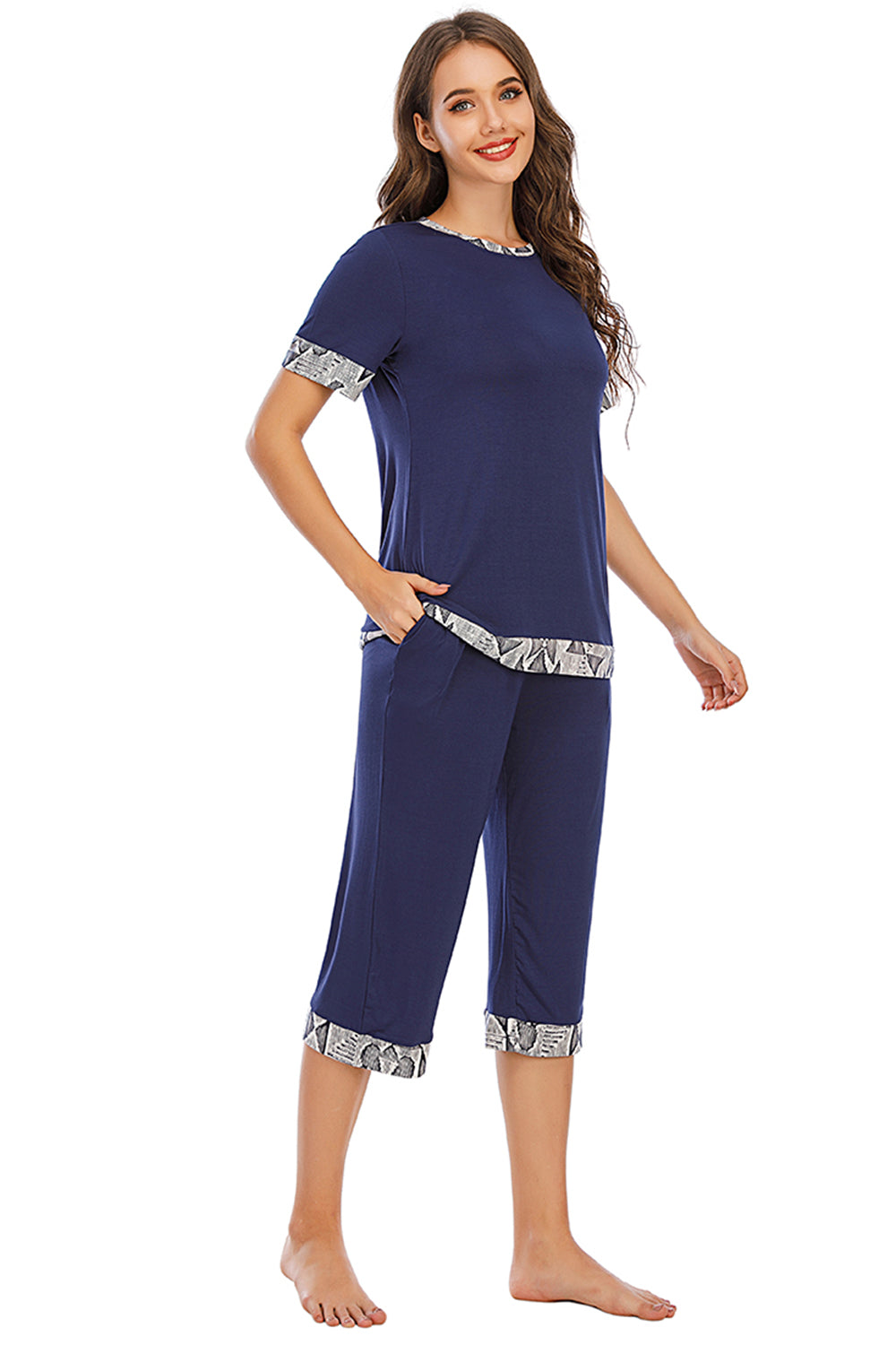 Round Neck Short Sleeve Top and Capris Pants Lounge Set-TOPS / DRESSES-[Adult]-[Female]-2022 Online Blue Zone Planet