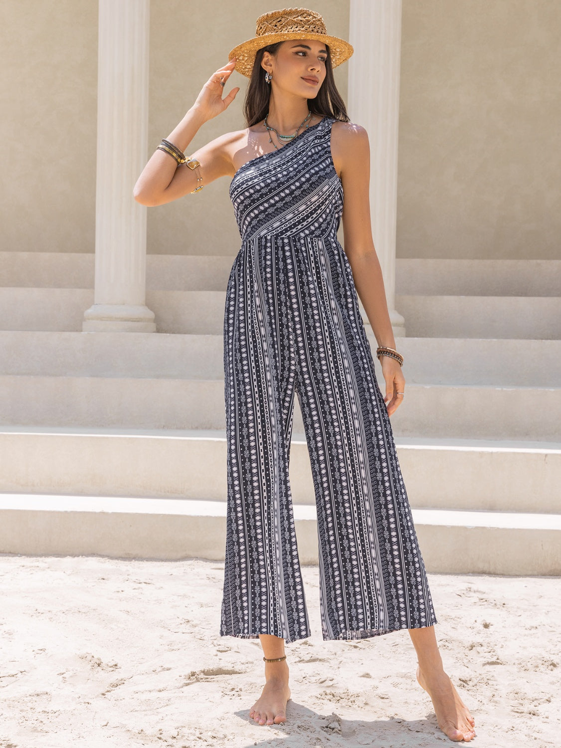 Printed Single Shoulder Sleeveless Jumpsuit-TOPS / DRESSES-[Adult]-[Female]-2022 Online Blue Zone Planet