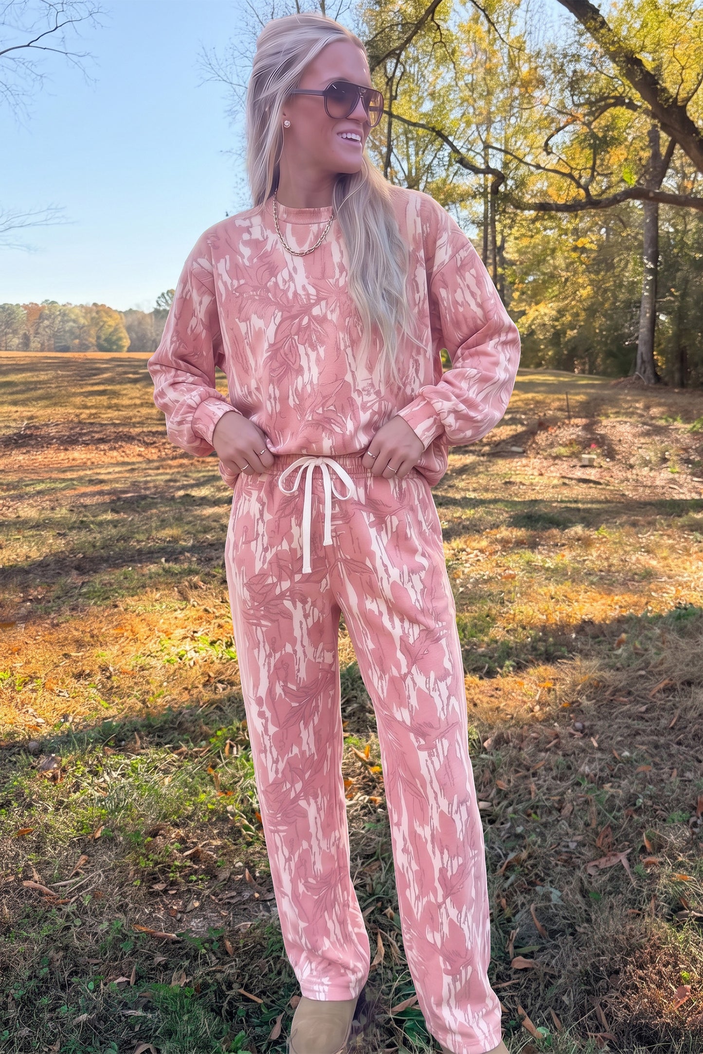 Pink Abstract Floral Print Loose Pullover Drawstring Pants 2pcs Set-Two Piece Sets/Pant Sets-[Adult]-[Female]-2022 Online Blue Zone Planet