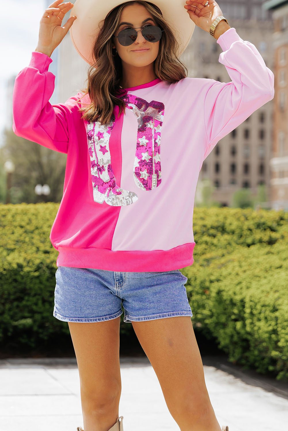 Pink Color Block Sequined Cowgirl Boots Graphic Sweatshirt-Tops/Sweatshirts & Hoodies-[Adult]-[Female]-2022 Online Blue Zone Planet