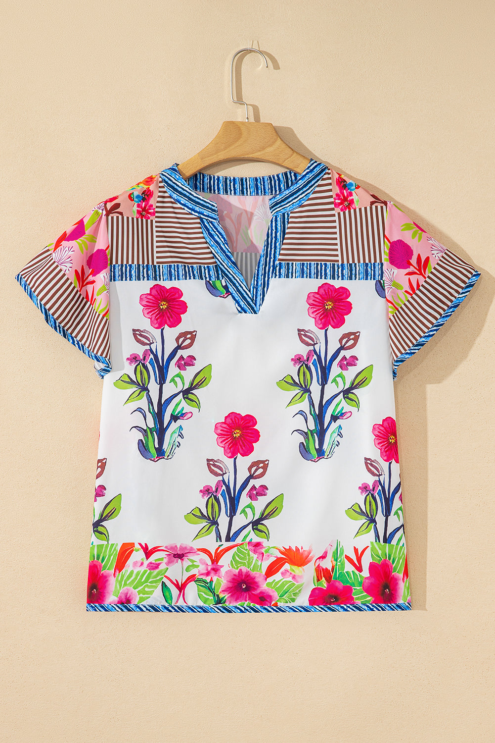 Pink Floral Striped Patchwork Short Sleeve Split Neck Blouse-Tops/Blouses & Shirts-[Adult]-[Female]-2022 Online Blue Zone Planet