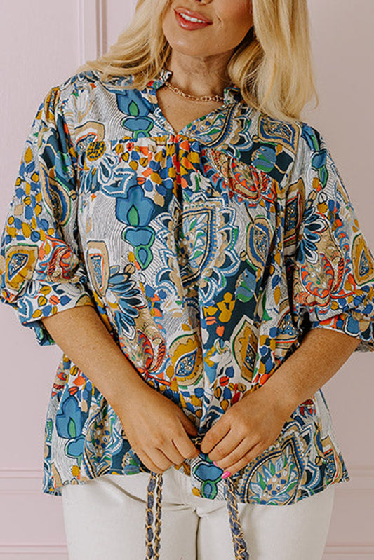 Multicolour Plus Size Floral Print Half Sleeve Slit Neck Blouse-Plus Size/Plus Size Tops/Plus Size Blouses & Shirts-[Adult]-[Female]-Multicolour-1X-2022 Online Blue Zone Planet