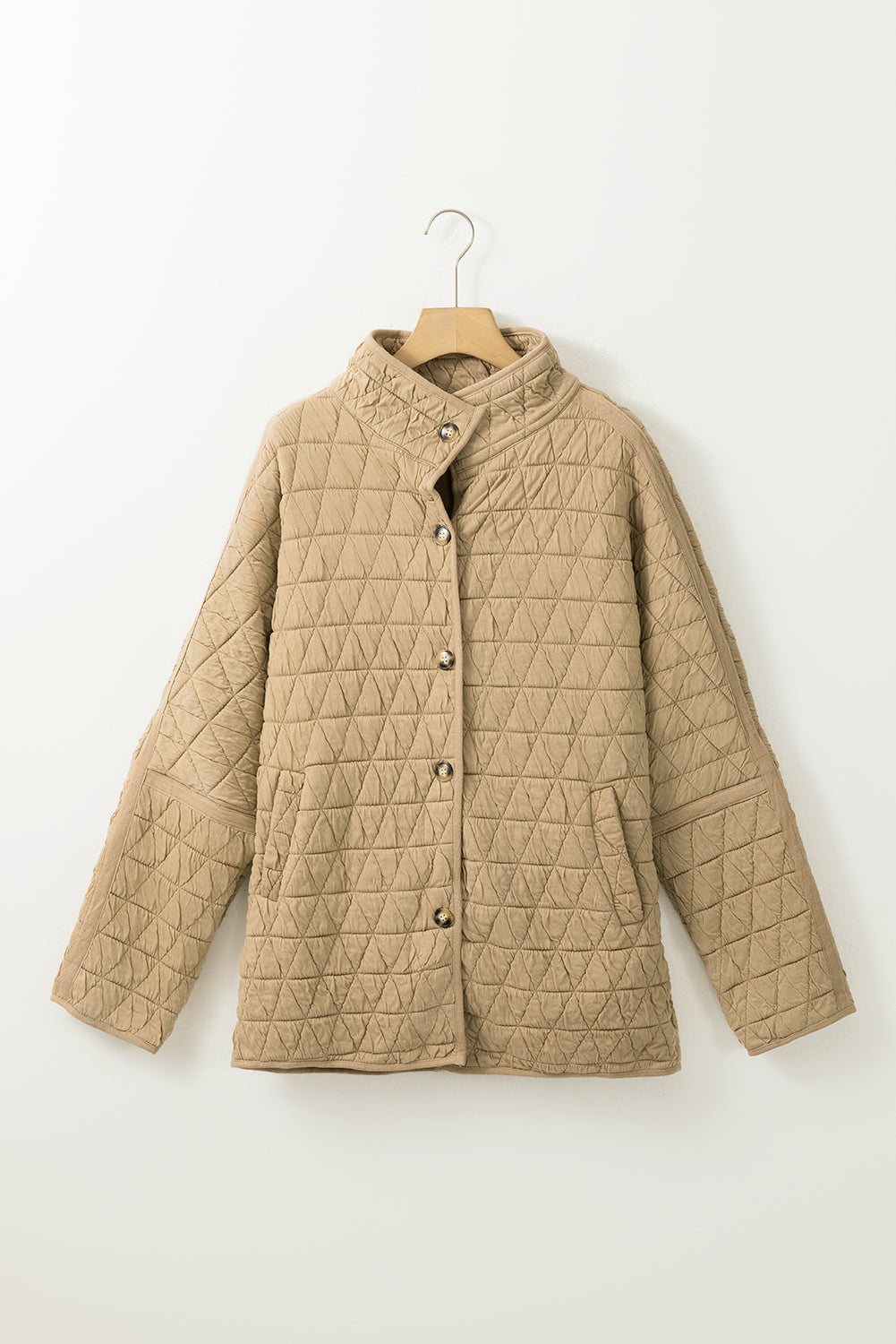 Khaki Quilted Button Front Funnel Neck Jacket-Outerwear/Jackets-[Adult]-[Female]-2022 Online Blue Zone Planet