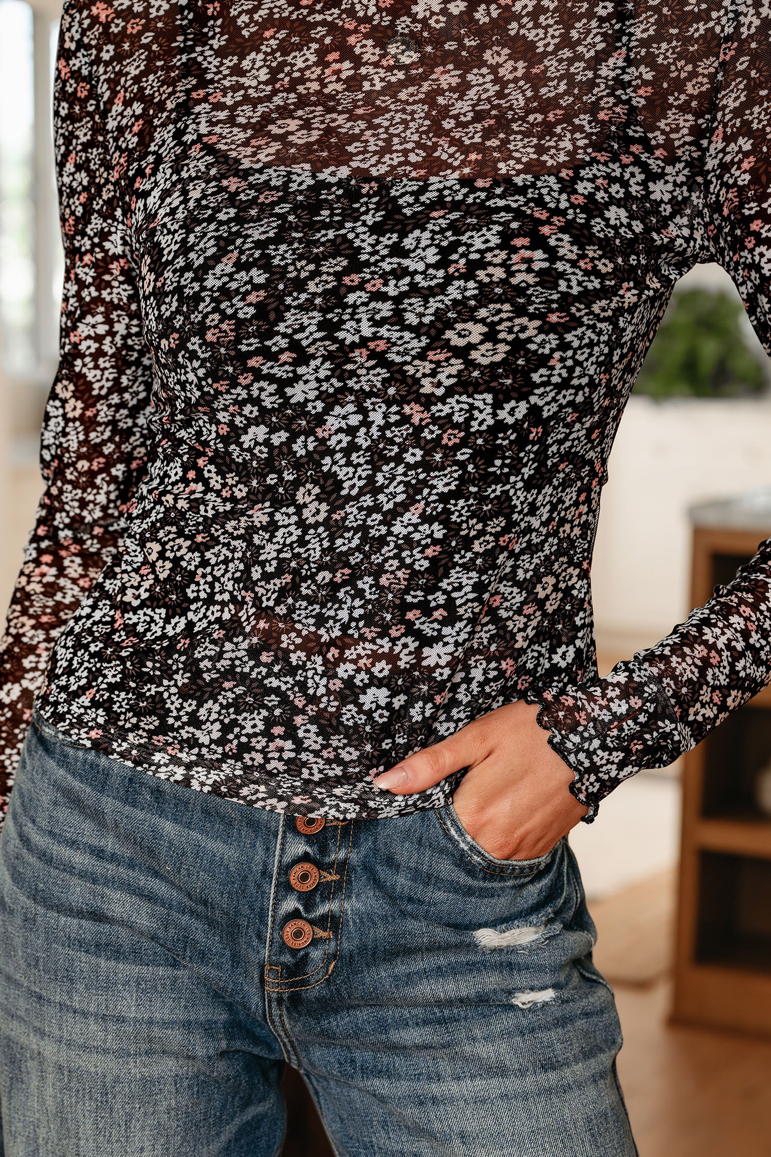 Black Ditsy Floral Mesh Thumbhole Sleeve Slim Fit Top-Tops/Long Sleeve Tops-[Adult]-[Female]-2022 Online Blue Zone Planet