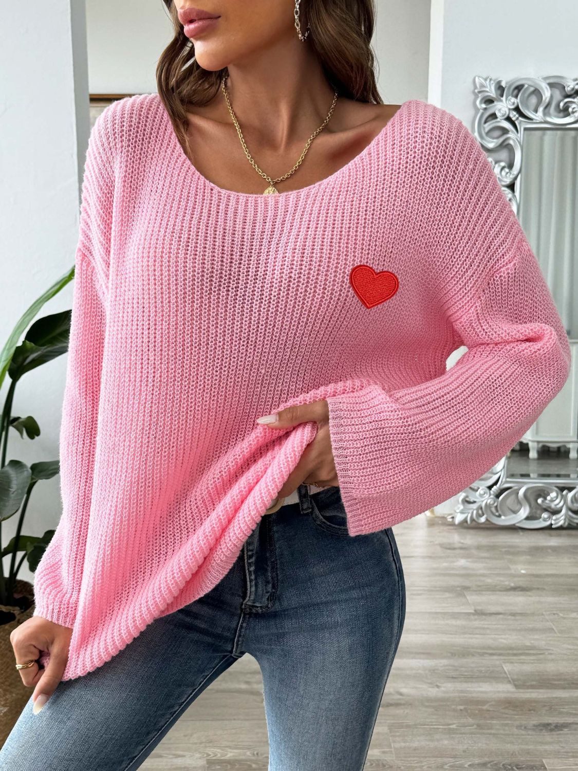 Heart Boat Neck Dropped Shoulder Sweater-TOPS / DRESSES-[Adult]-[Female]-2022 Online Blue Zone Planet