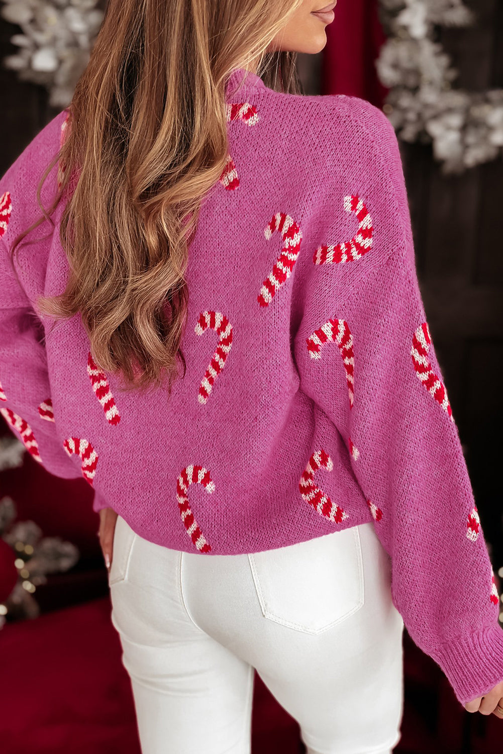 Sachet Pink Christmas Candy Cane Holiday Drop Shoulder Sweater-Sweaters & Cardigans/Sweaters-[Adult]-[Female]-2022 Online Blue Zone Planet