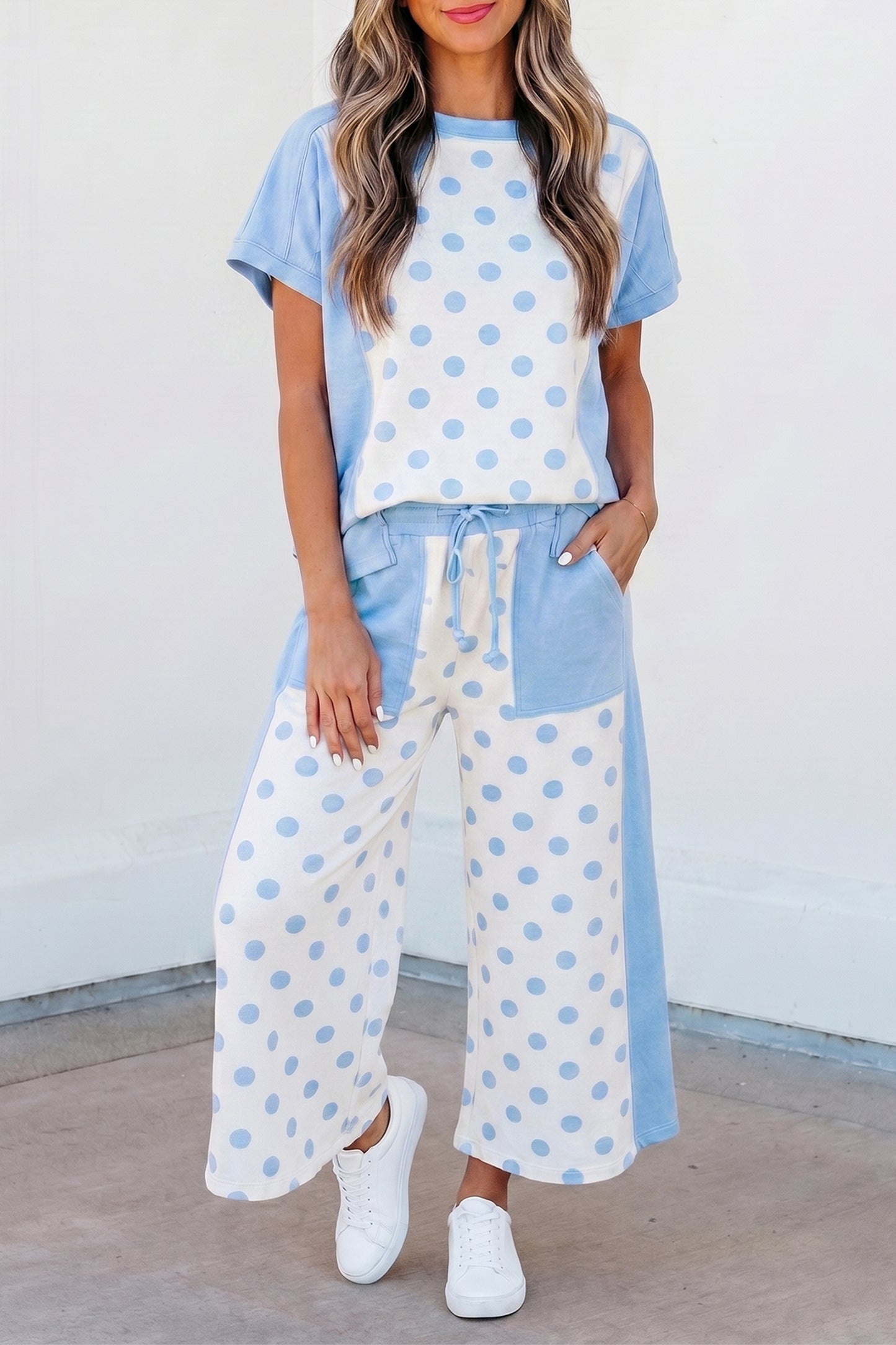 Pink Color Block Patchwork Polka Dot Wide Leg Pant Set-Two Piece Sets/Pant Sets-[Adult]-[Female]-Sky Blue-S-2022 Online Blue Zone Planet