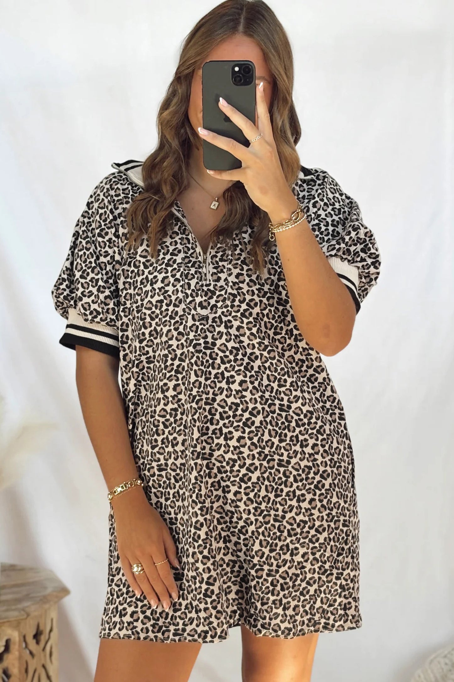 Khaki Leopard Print Zip Neck Striped Webbing Patchwork T Shirt Mini Dress-TOPS / DRESSES-[Adult]-[Female]-2022 Online Blue Zone Planet