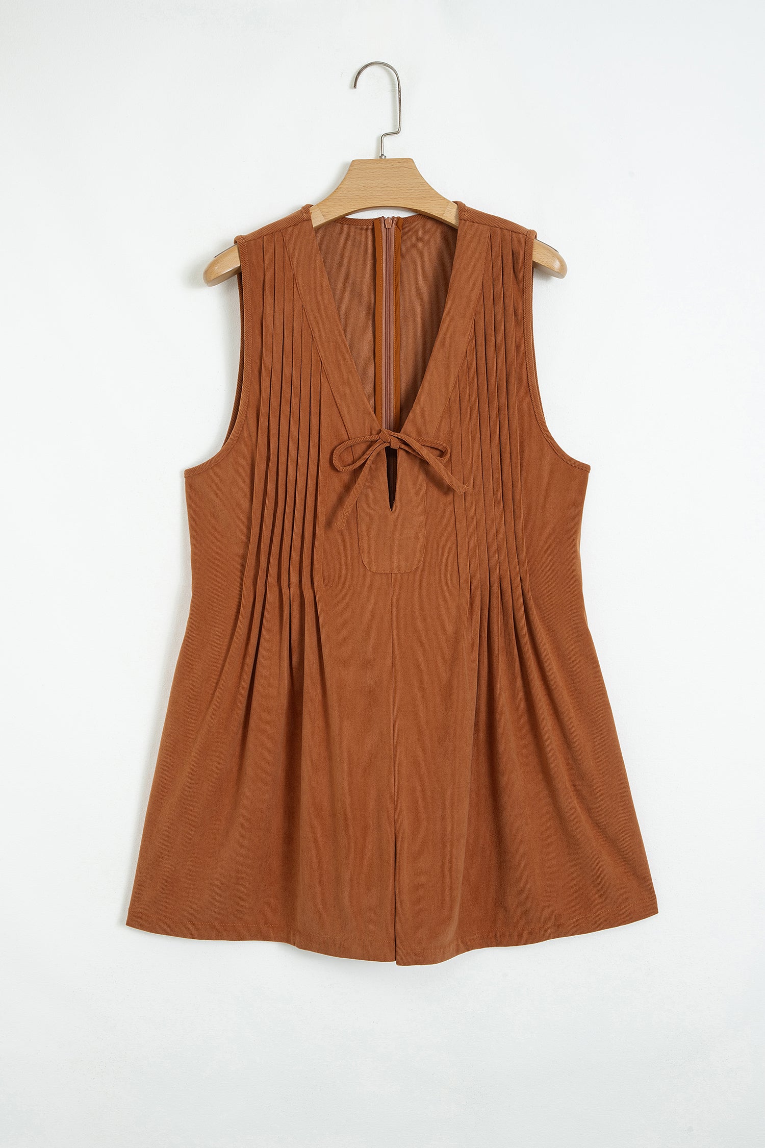 Cinnamon Solid Color Tie V Neck Sleeveless Corduroy Romper-Bottoms/Jumpsuits & Rompers-[Adult]-[Female]-2022 Online Blue Zone Planet