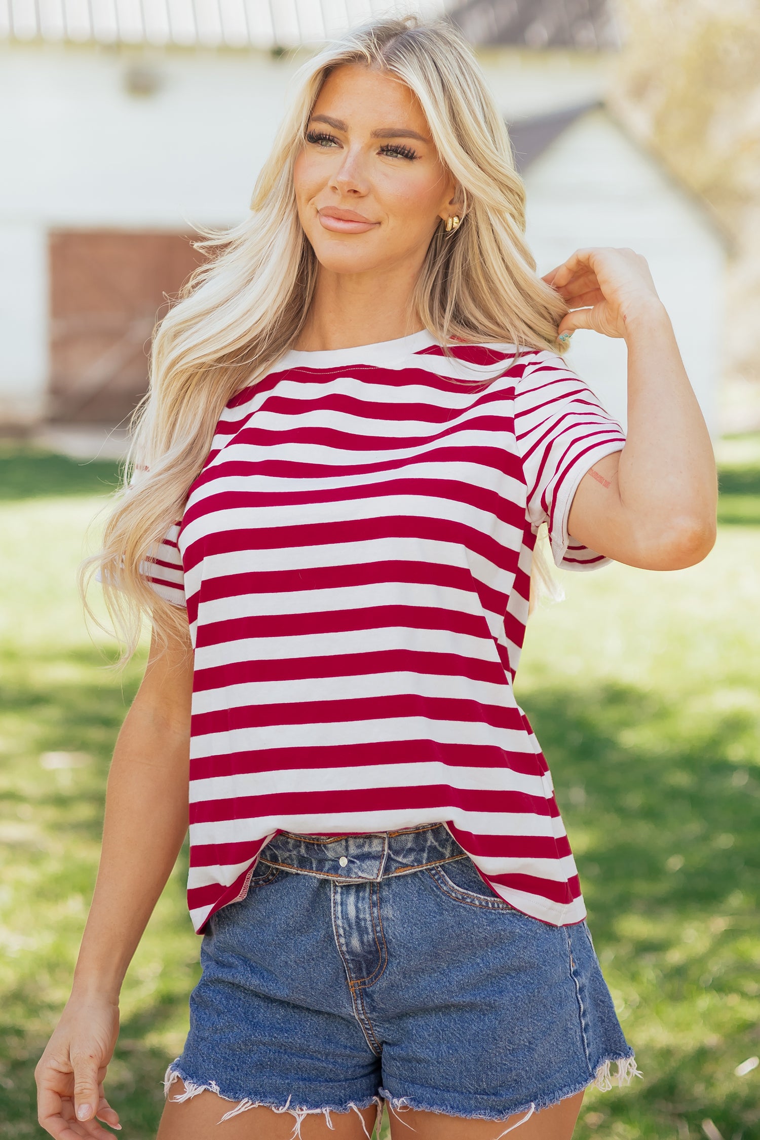 Red Stripe Patchwork Round Neck T Shirt-Tops/Tops & Tees-[Adult]-[Female]-2022 Online Blue Zone Planet