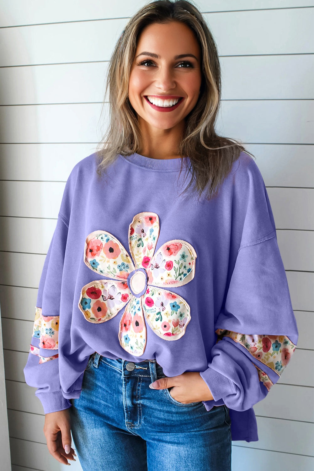 Wisteria Floral Applique Baggy Pullover Sweatshirt-Tops/Sweatshirts & Hoodies-[Adult]-[Female]-2022 Online Blue Zone Planet