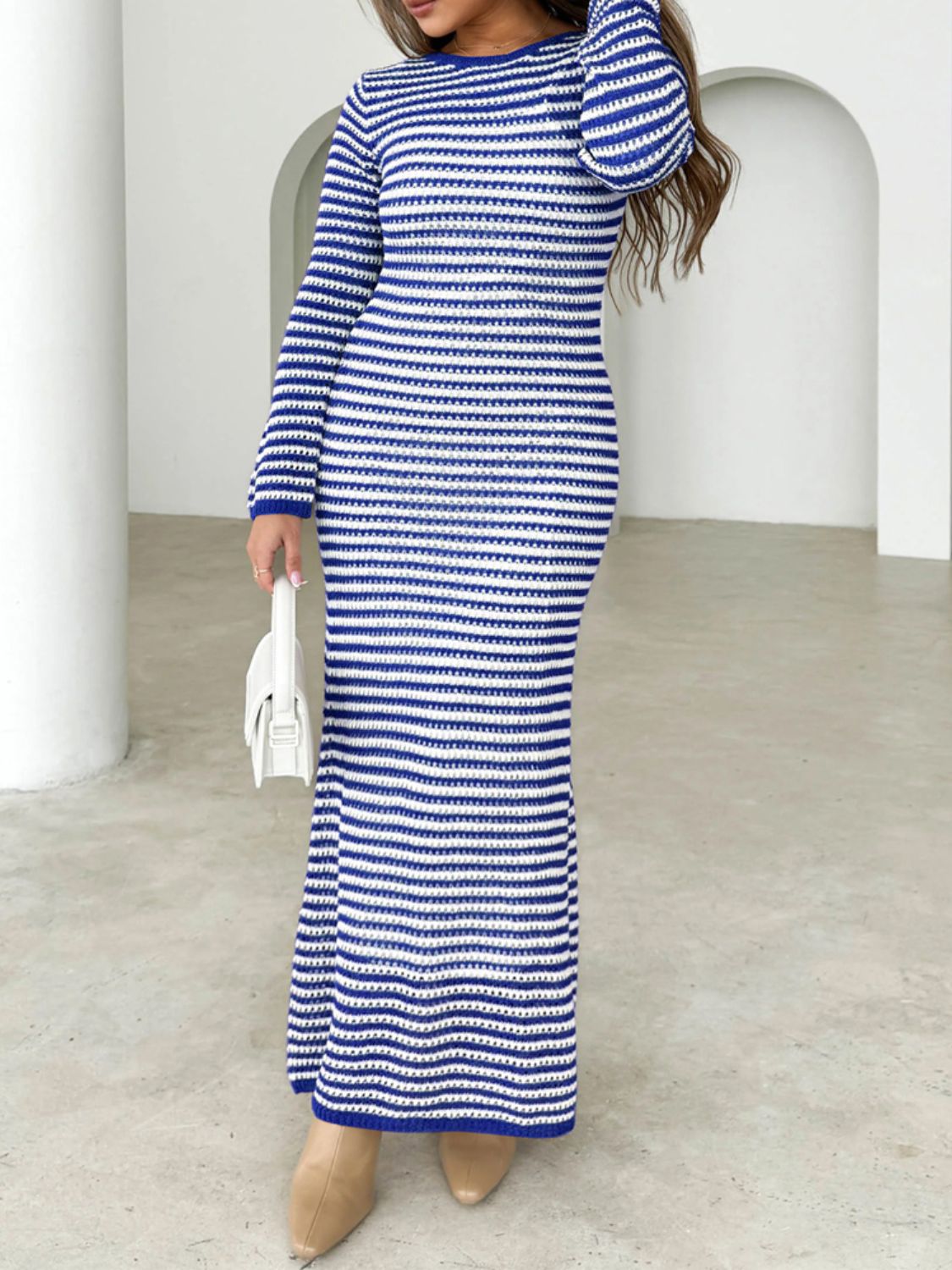 Devine Tied Round Neck Striped Sweater Dress-TOPS / DRESSES-[Adult]-[Female]-Blue-S-2022 Online Blue Zone Planet