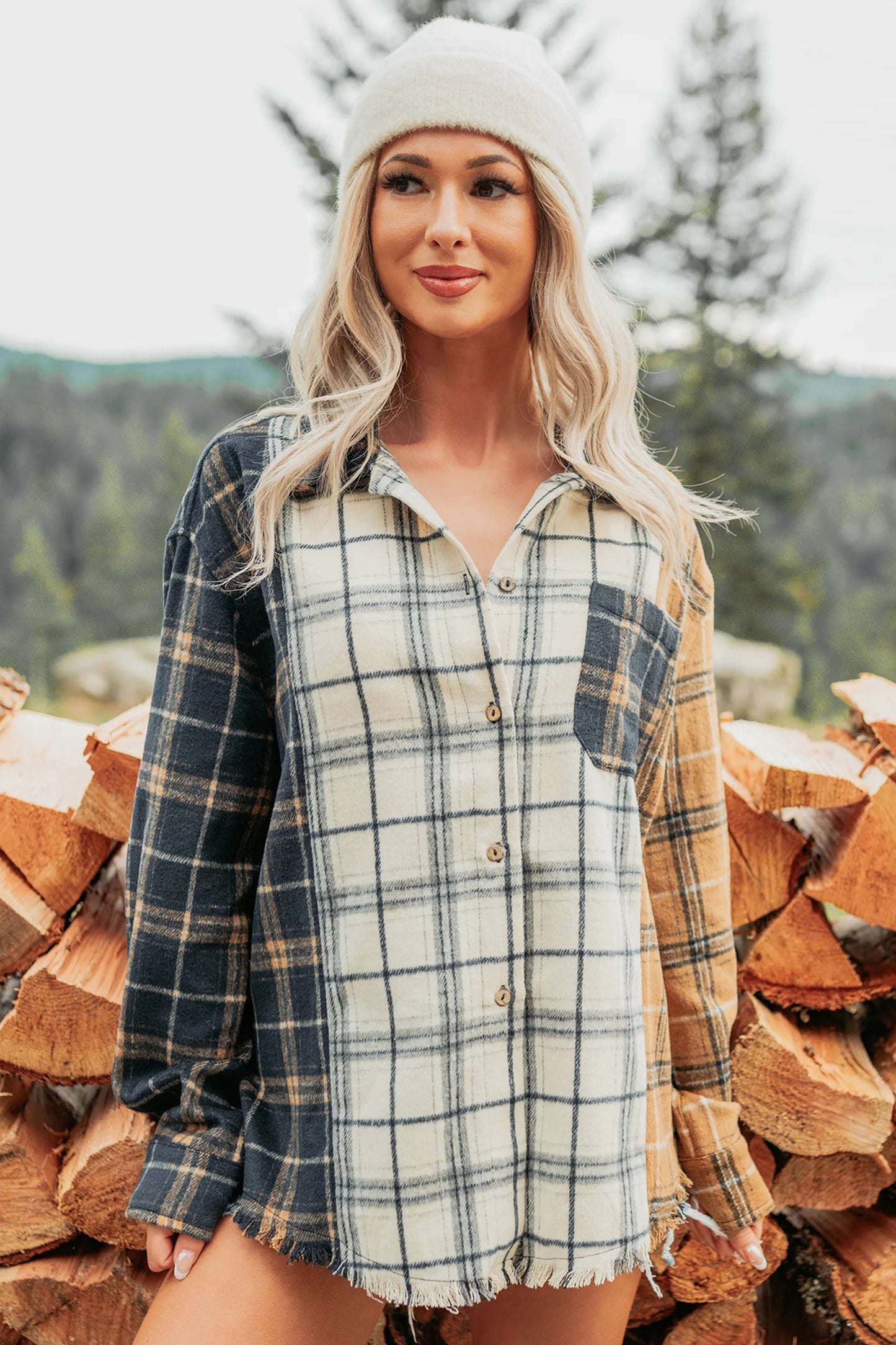 Multicolour Plaid Button-Up Long Sleeve Shift Silhouette Shacket-Outerwear/Plaid Shackets-[Adult]-[Female]-2022 Online Blue Zone Planet