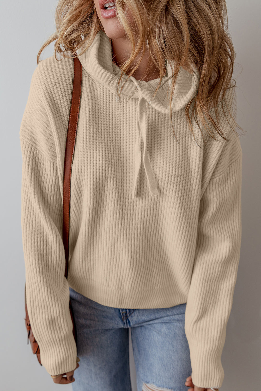 Blue Zone Planet | Beige Solid Color Drawstring Hooded Drop Shoulder Pullover Sweater-Sweaters & Cardigans/Sweaters-[Adult]-[Female]-Beige-S-2022 Online Blue Zone Planet