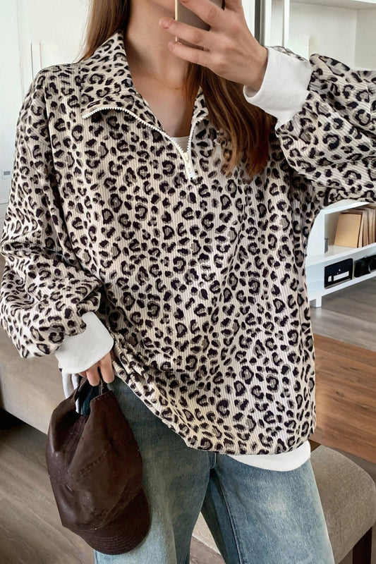 Beige Leopard Print Quarter Zip Corduroy Sweatshirt-Tops/Sweatshirts & Hoodies-[Adult]-[Female]-2022 Online Blue Zone Planet