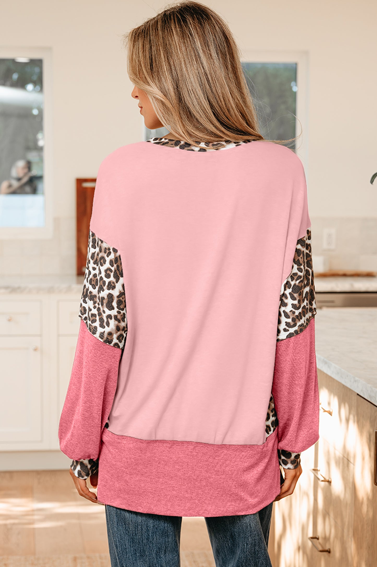 Light Pink Color Block Leopard Patchwork Dolman Sleeve High Low Baggy Sweatshirt-Tops/Sweatshirts & Hoodies-[Adult]-[Female]-2022 Online Blue Zone Planet