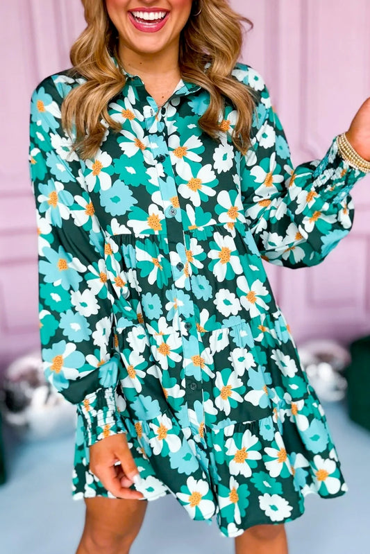 Blue Zone Planet | Green Floral Tiered Long Puff Sleeve Shirt Dress-TOPS / DRESSES-[Adult]-[Female]-Blackish Green-S-2022 Online Blue Zone Planet