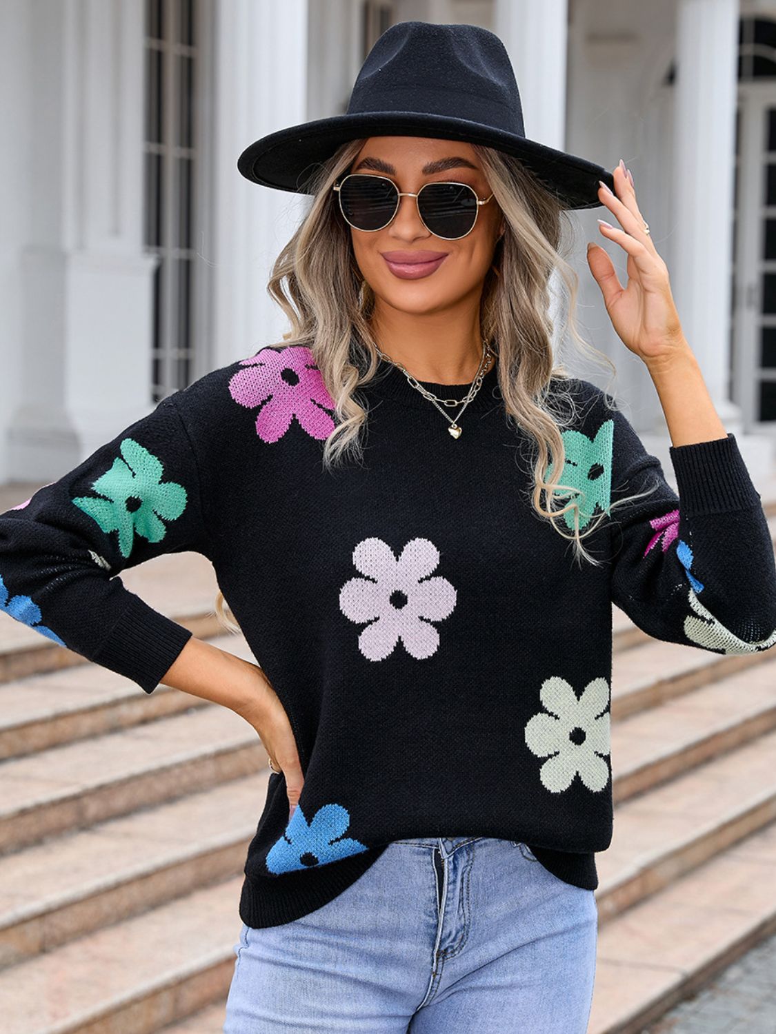 Flower Round Neck Long Sleeve Sweater-TOPS / DRESSES-[Adult]-[Female]-2022 Online Blue Zone Planet