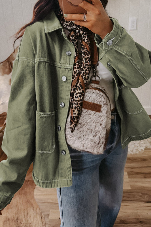 Smoke Green Patched Pocket Collared Button Front Boyfriend Denim Jacket-Outerwear/Denim jackets-[Adult]-[Female]-Smoke Green-S-2022 Online Blue Zone Planet