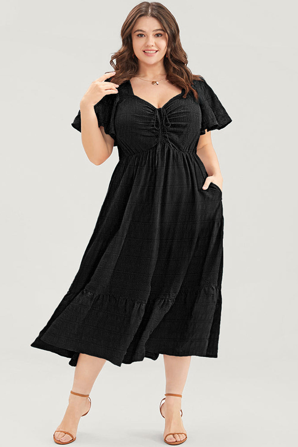 Blue Plus Size Short Sleeve Lace-up High Waist Midi Dress-Plus Size Midi Dresses-[Adult]-[Female]-2022 Online Blue Zone Planet