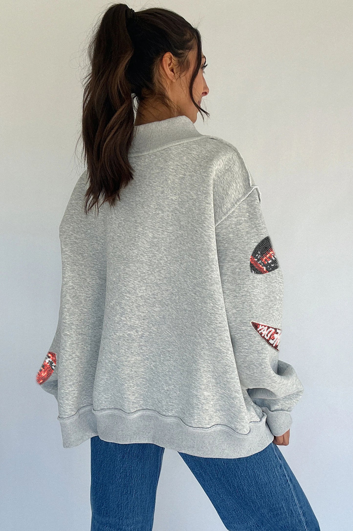 Light Grey Sequin Rugby Game Day High Neck Baggy Sweatshirt-Graphic/Graphic Sweatshirts-[Adult]-[Female]-2022 Online Blue Zone Planet