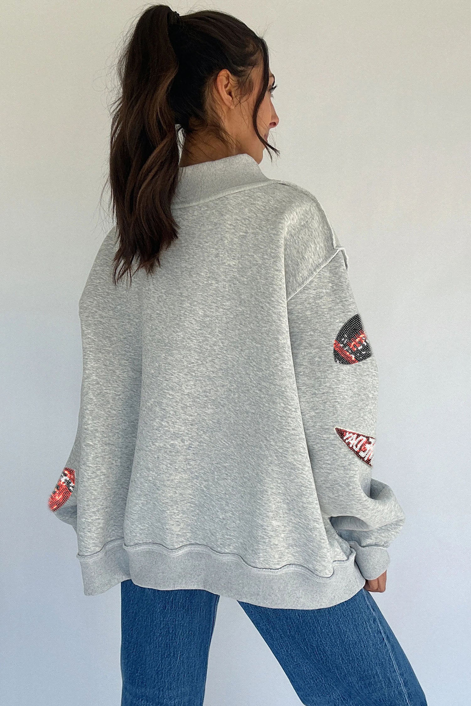 Light Grey Sequin Rugby Game Day High Neck Baggy Sweatshirt-Graphic/Graphic Sweatshirts-[Adult]-[Female]-2022 Online Blue Zone Planet